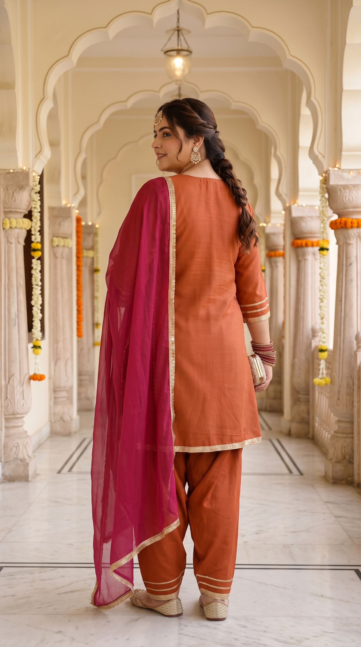 Plus Size Orange Silk Kurta Salwar Suit Set with Gotta Patti Laces(set of 3)