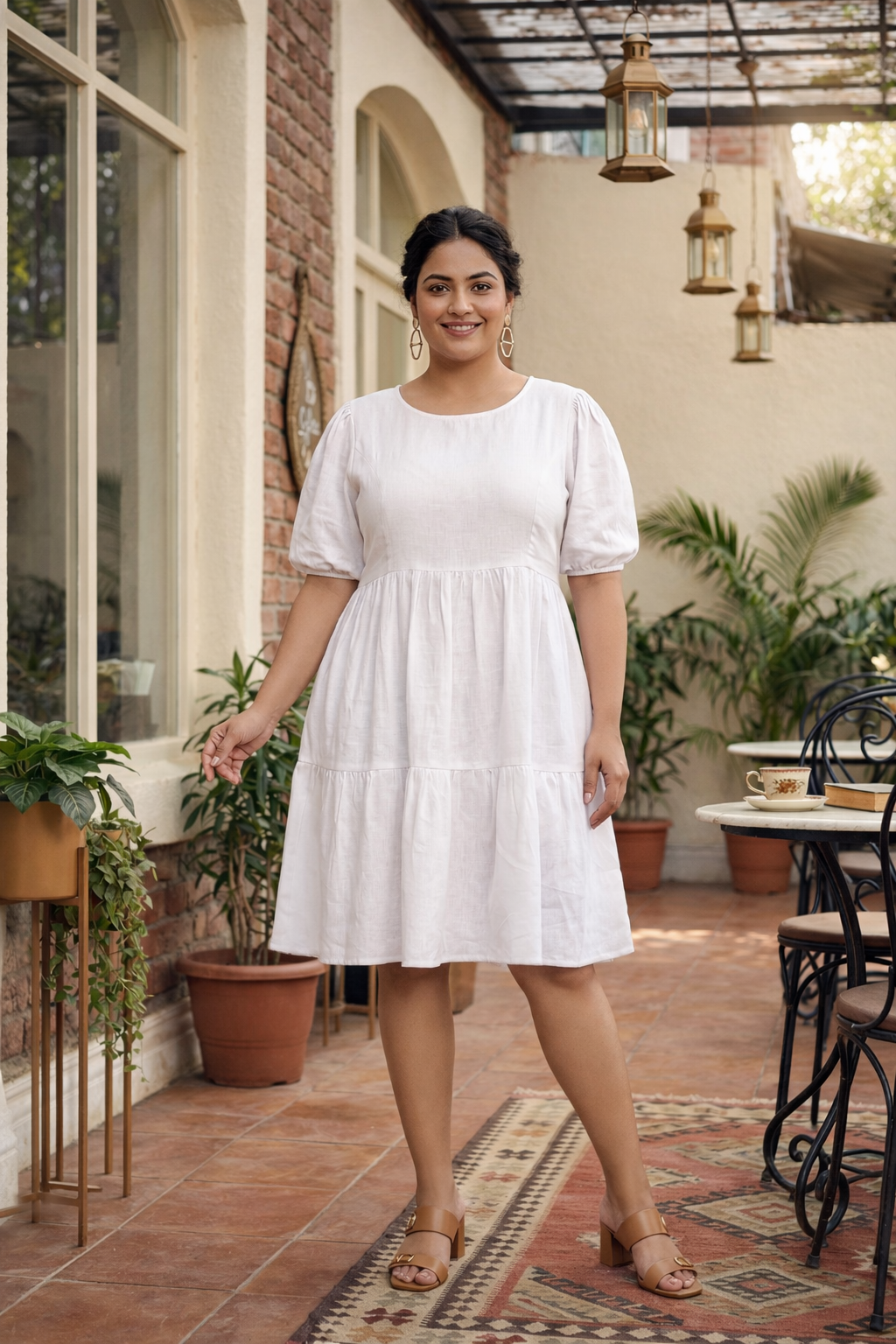short white linen dress Snow Tiered HFMBL Our muse @phoenixleech_ spotted Size:16-16W from brunch to seaside