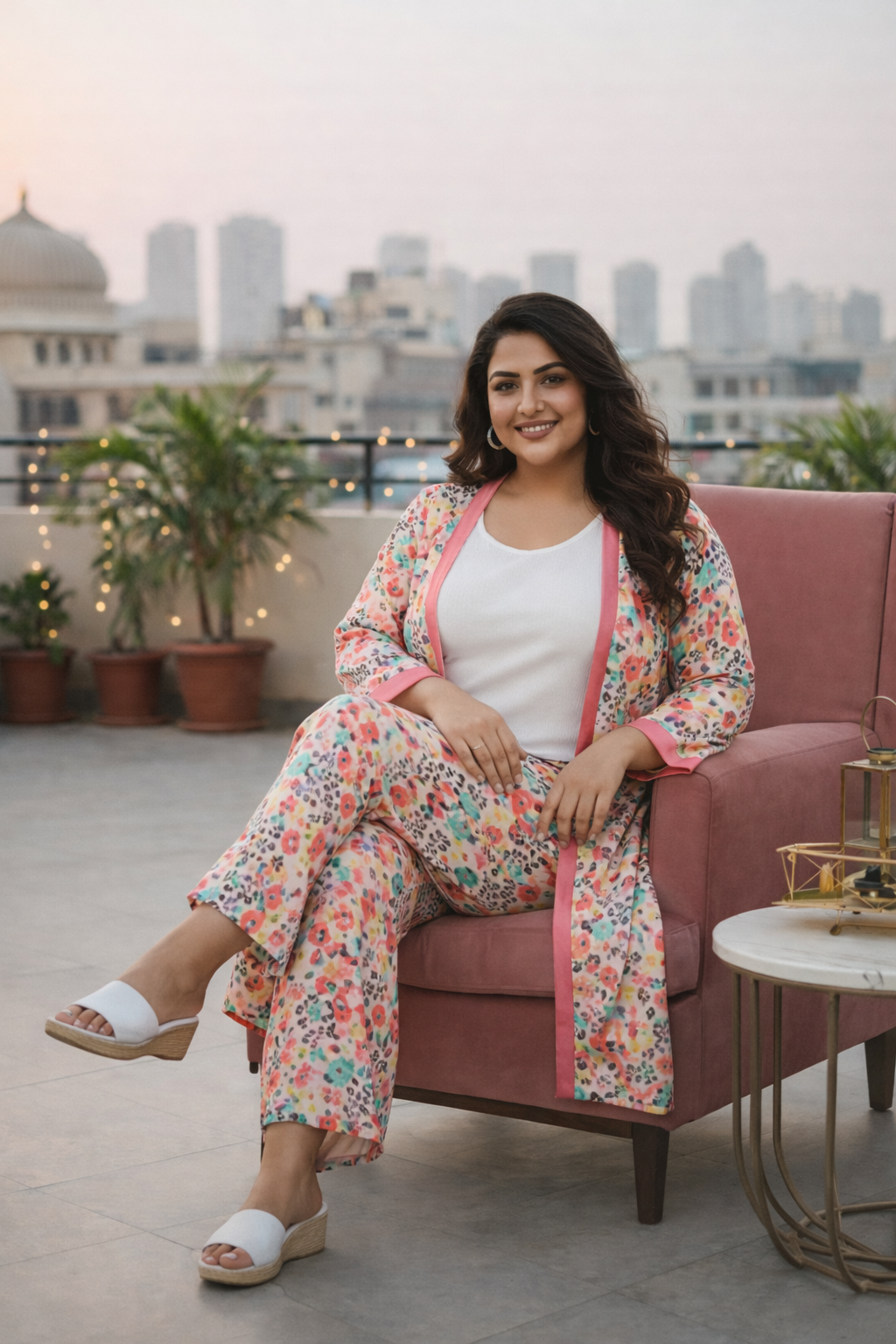 PEACH PRINTED SATIN MID-RISE TAPERED PALAZZOS