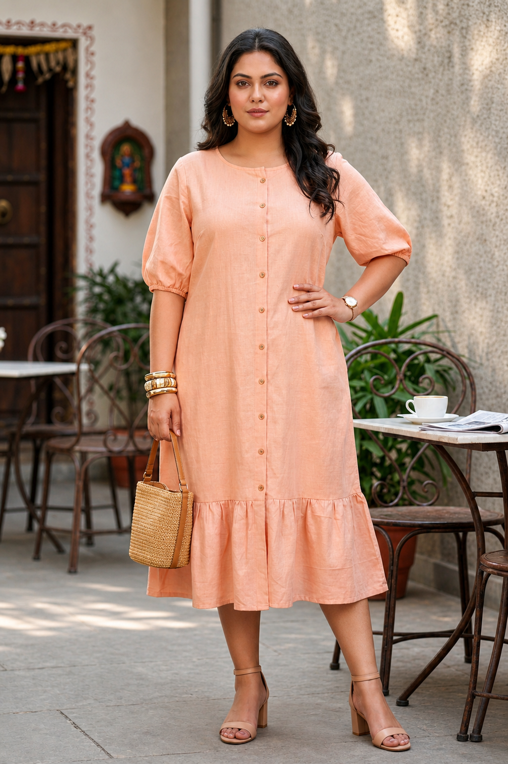 Peach Linen Midi Shirt Dress