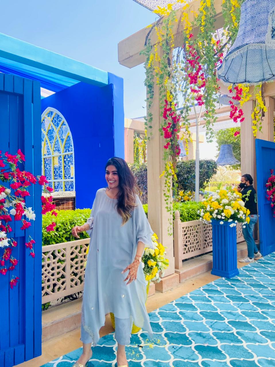 Powder Blue Gold Embroidered Kaftan Set