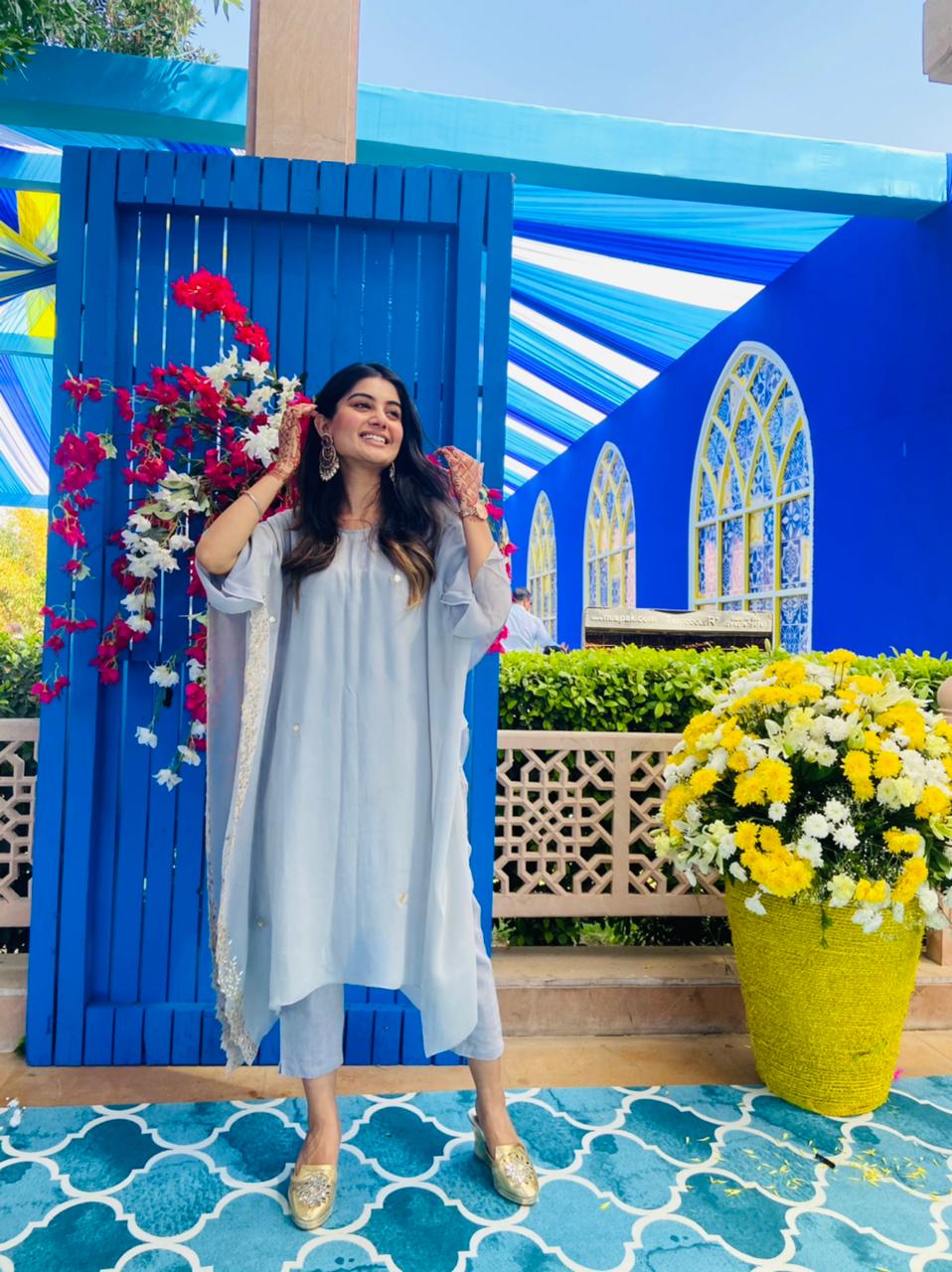 Powder Blue Gold Embroidered Kaftan Set