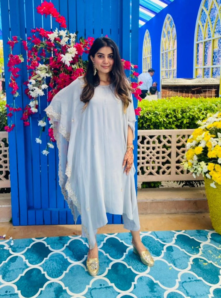 Powder Blue Gold Embroidered Kaftan Set