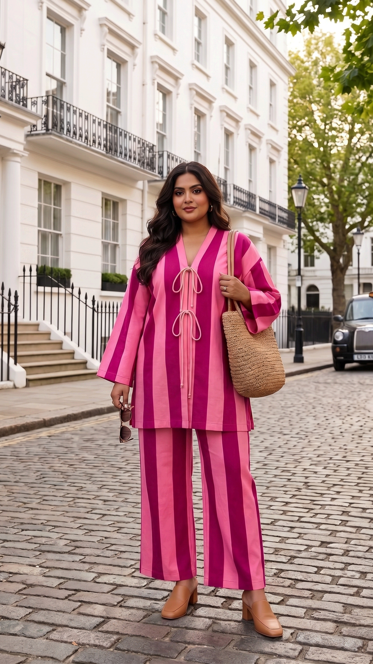 Plus Size Pink Striped Cotton Cord Set for Women | Co-Ord Set with Straight Pants