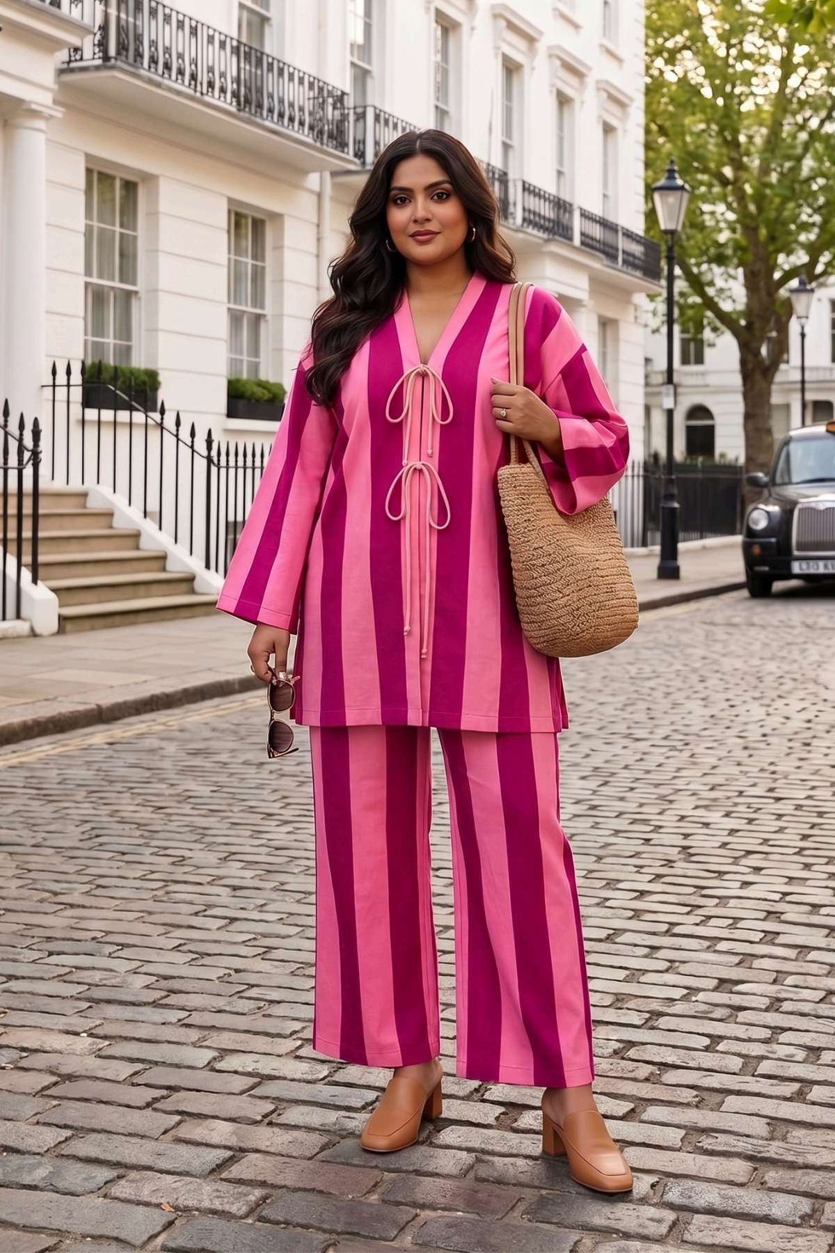 Plus Size Pink Striped Cotton Cord Set for Women | Co-Ord Set with Straight Pants