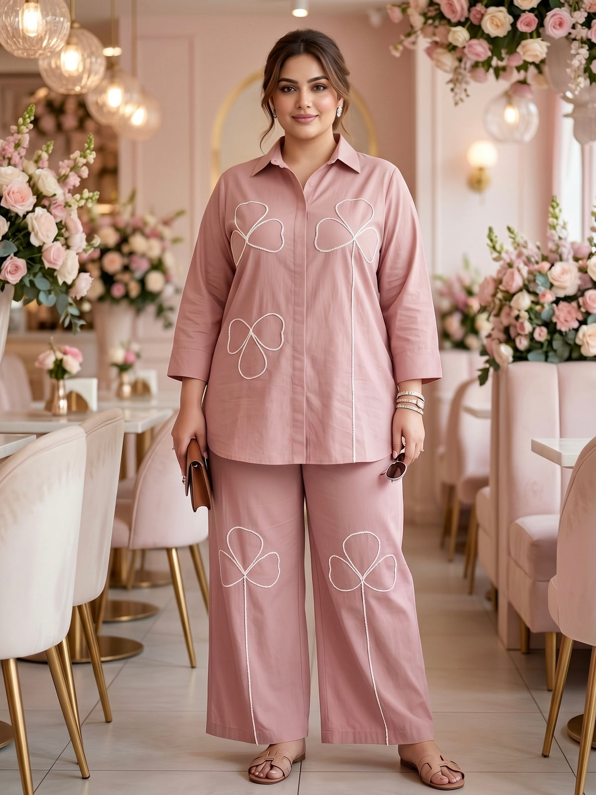 Plus Size Blush Pink 100% Cotton Co-Ord Set with Thread Embroidery