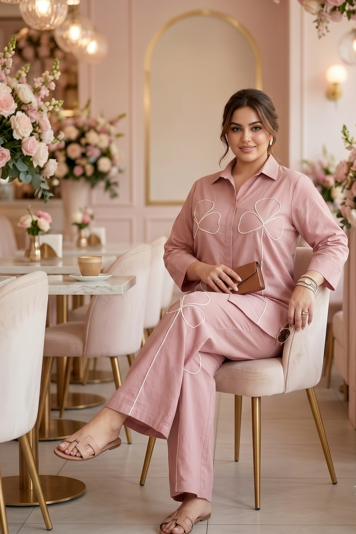 Plus Size Blush Pink 100% Cotton Co-Ord Set with Thread Embroidery