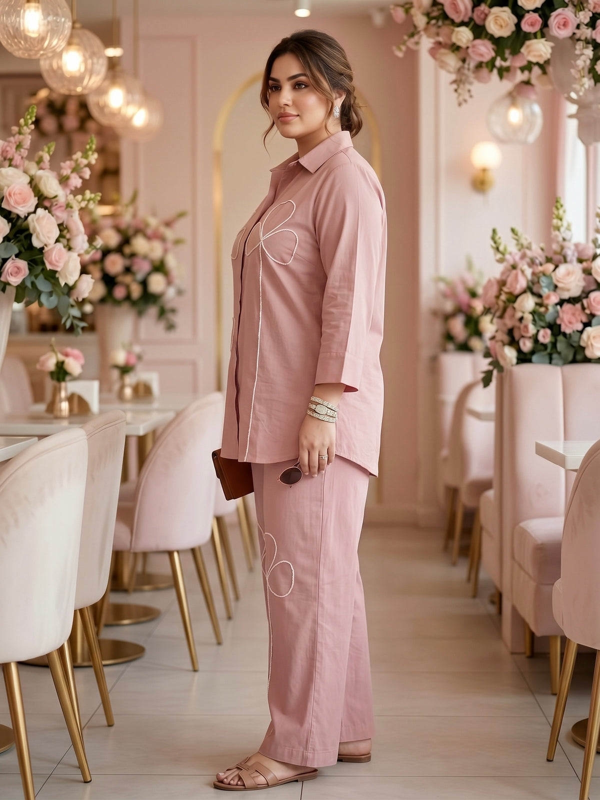 Plus Size Blush Pink 100% Cotton Co-Ord Set with Thread Embroidery