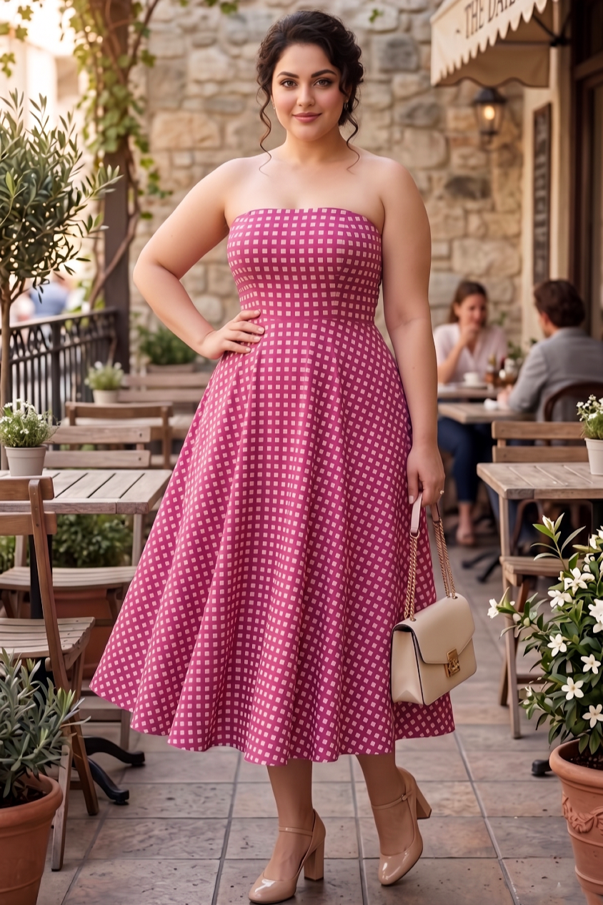 Plus Size Pink Checked Off-Shoulder Dress – Elegant Flared Midi Dress for Women