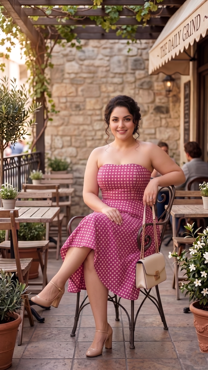 Plus Size Pink Checked Off-Shoulder Dress – Elegant Flared Midi Dress for Women