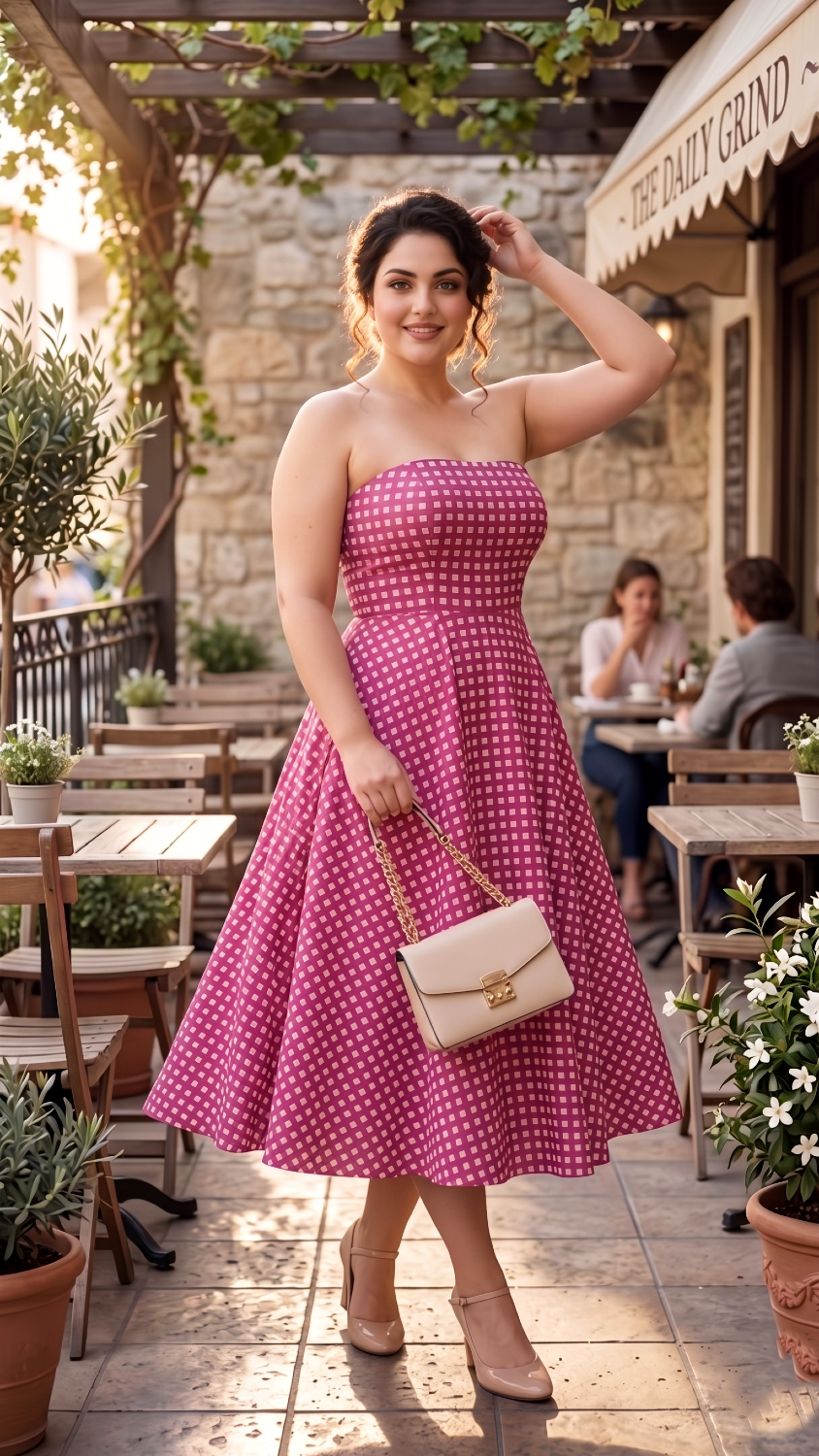 Plus Size Pink Checked Off-Shoulder Dress – Elegant Flared Midi Dress for Women