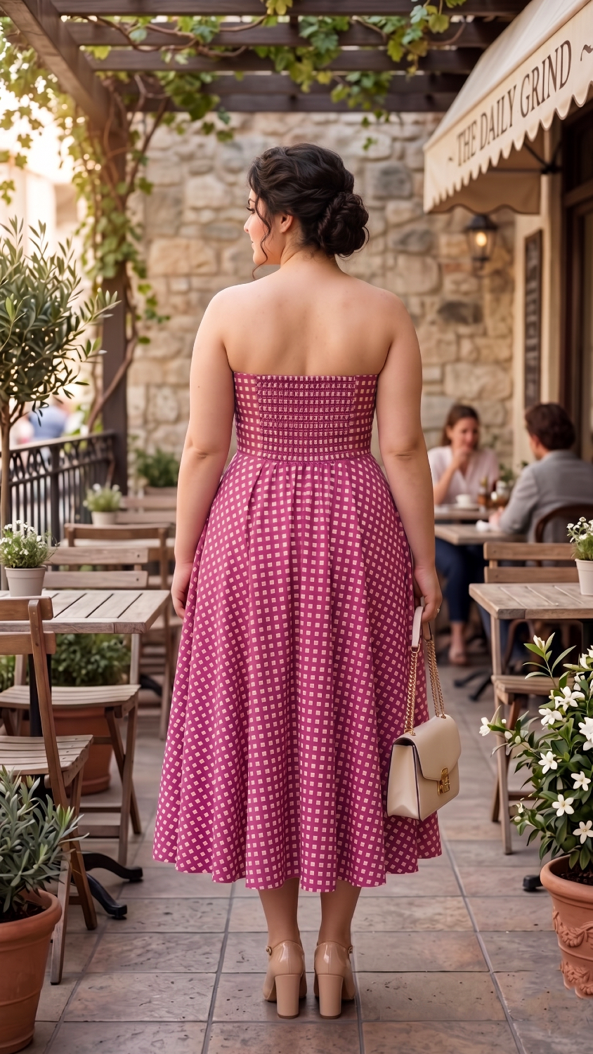 Plus Size Pink Checked Off-Shoulder Dress – Elegant Flared Midi Dress for Women
