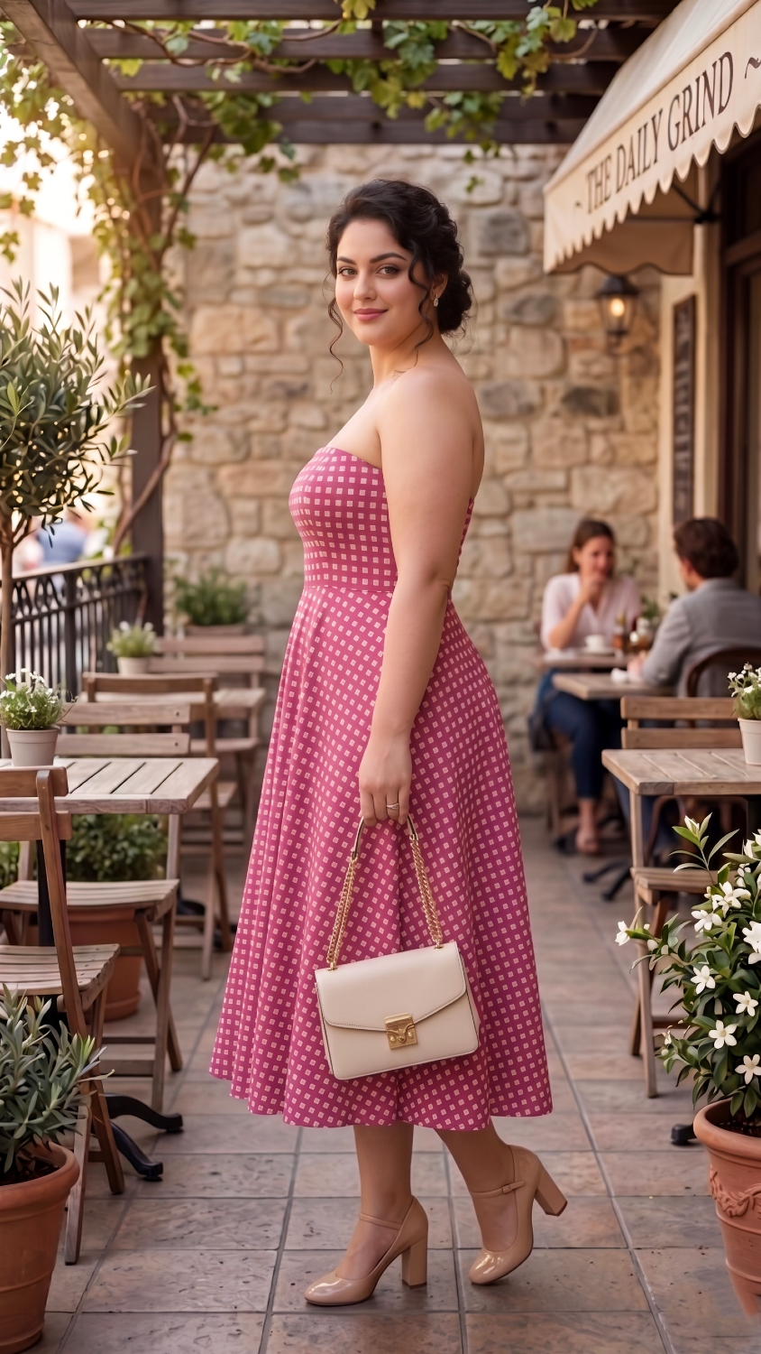 Plus Size Pink Checked Off-Shoulder Dress – Elegant Flared Midi Dress for Women