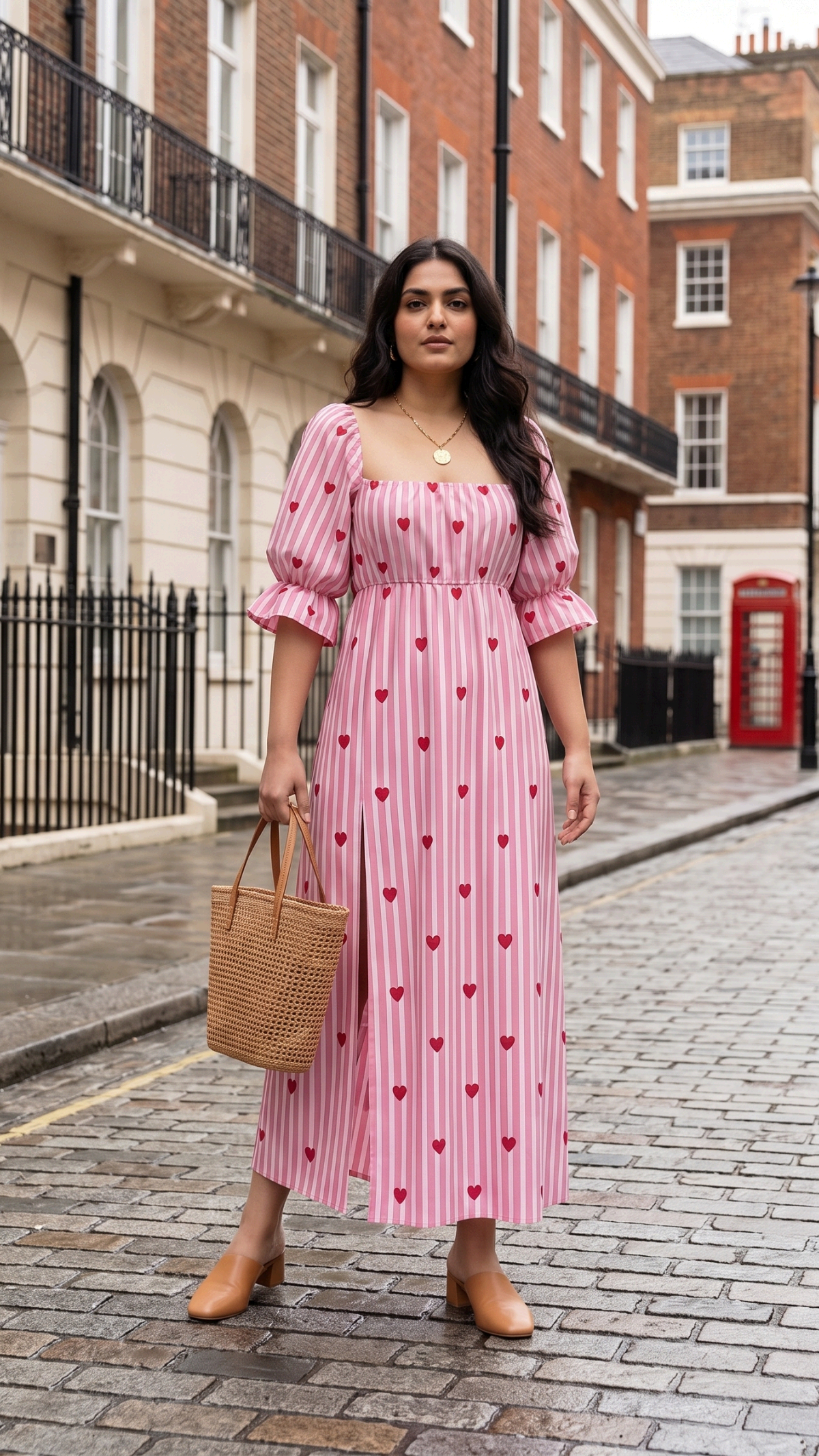 Plus Size Pink Heart Print Cotton Maxi Dress for Women | Square Neck Flared Dress