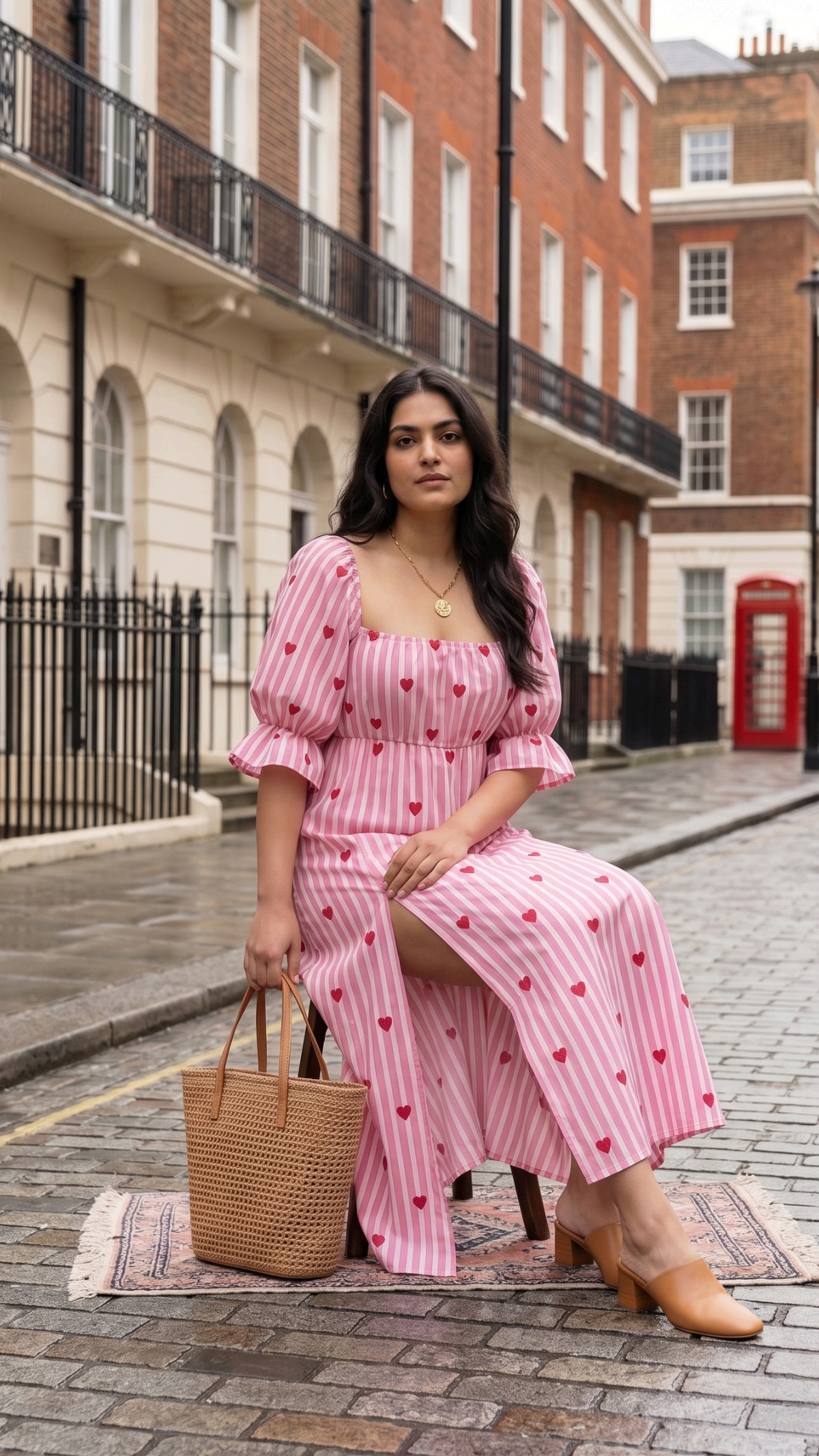 Plus Size Pink Heart Print Cotton Maxi Dress for Women | Square Neck Flared Dress
