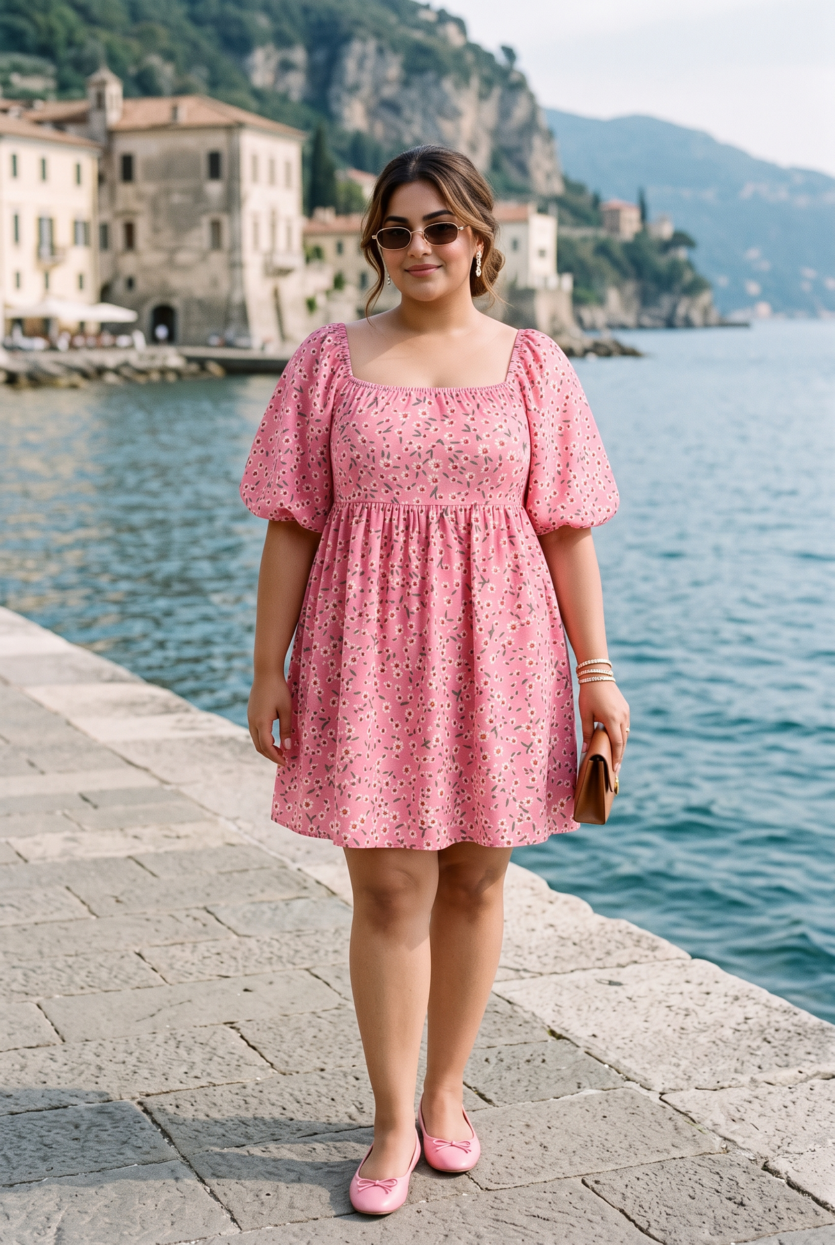 Plus Size Pink Floral Printed Dress – V-Neck Tiered Style