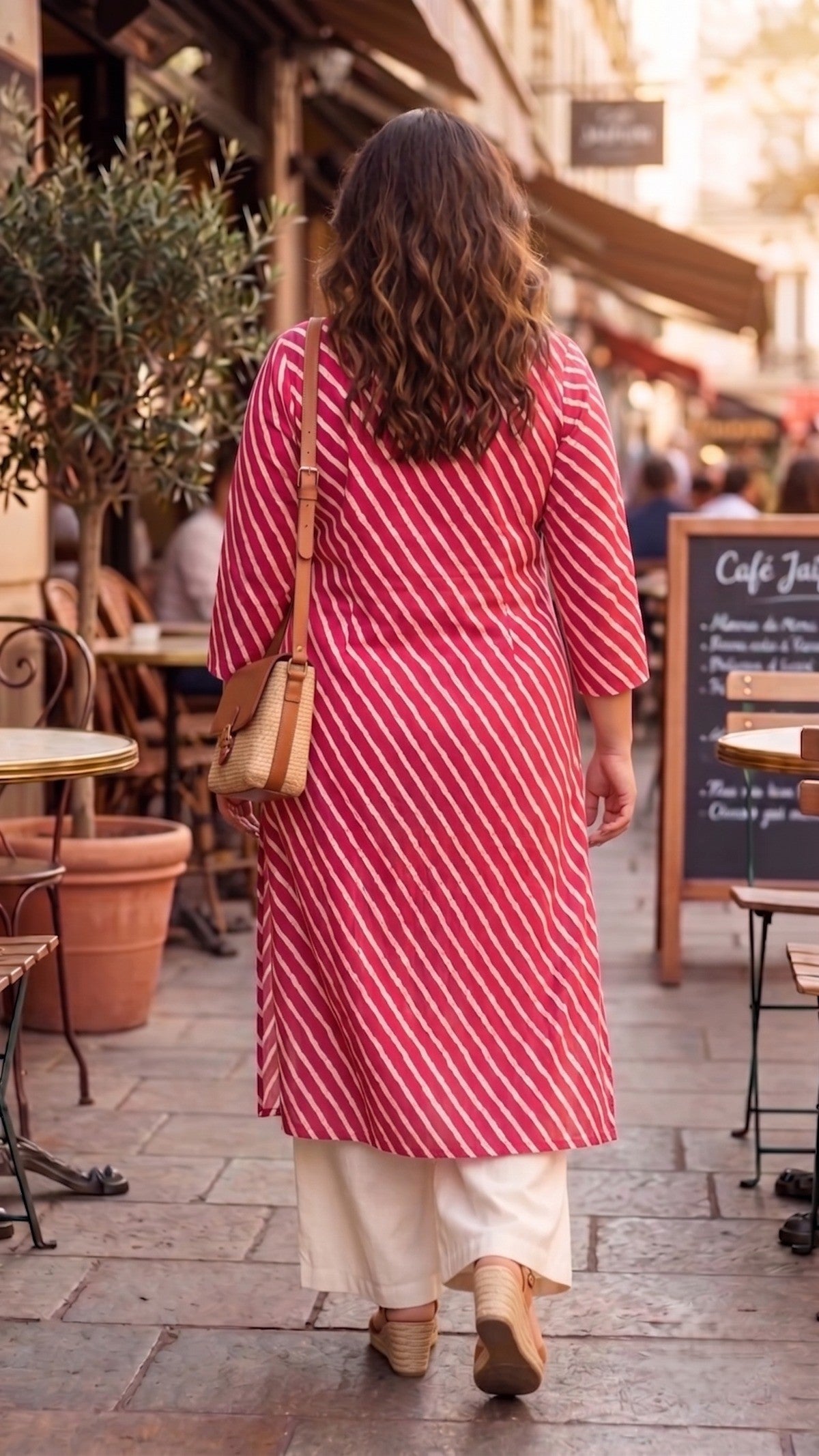 Plus Size Pink Cotton Leheriya Kurta for Women | V-Neck Straight Kurta