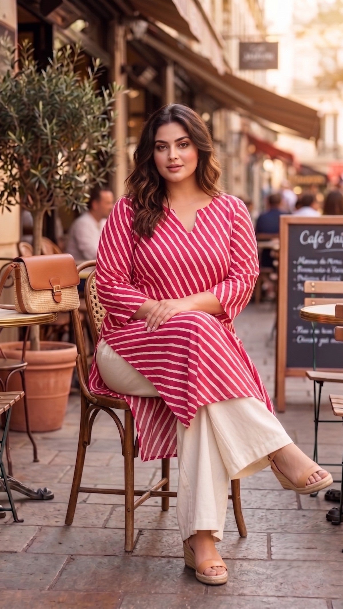 Plus Size Pink Cotton Leheriya Kurta for Women | V-Neck Straight Kurta