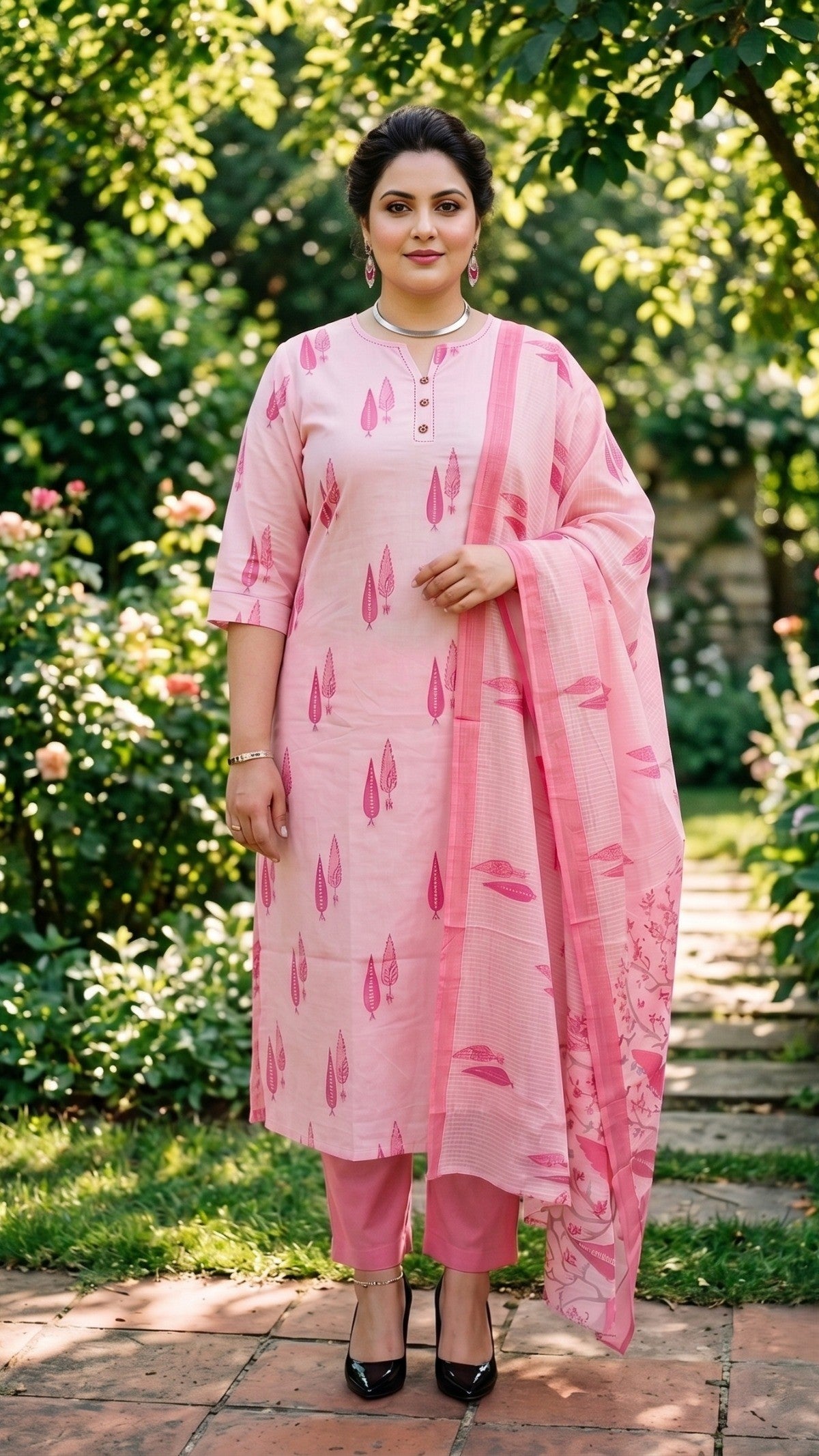 Plus Size Pink Cotton Printed Kurta Set with Dupatta