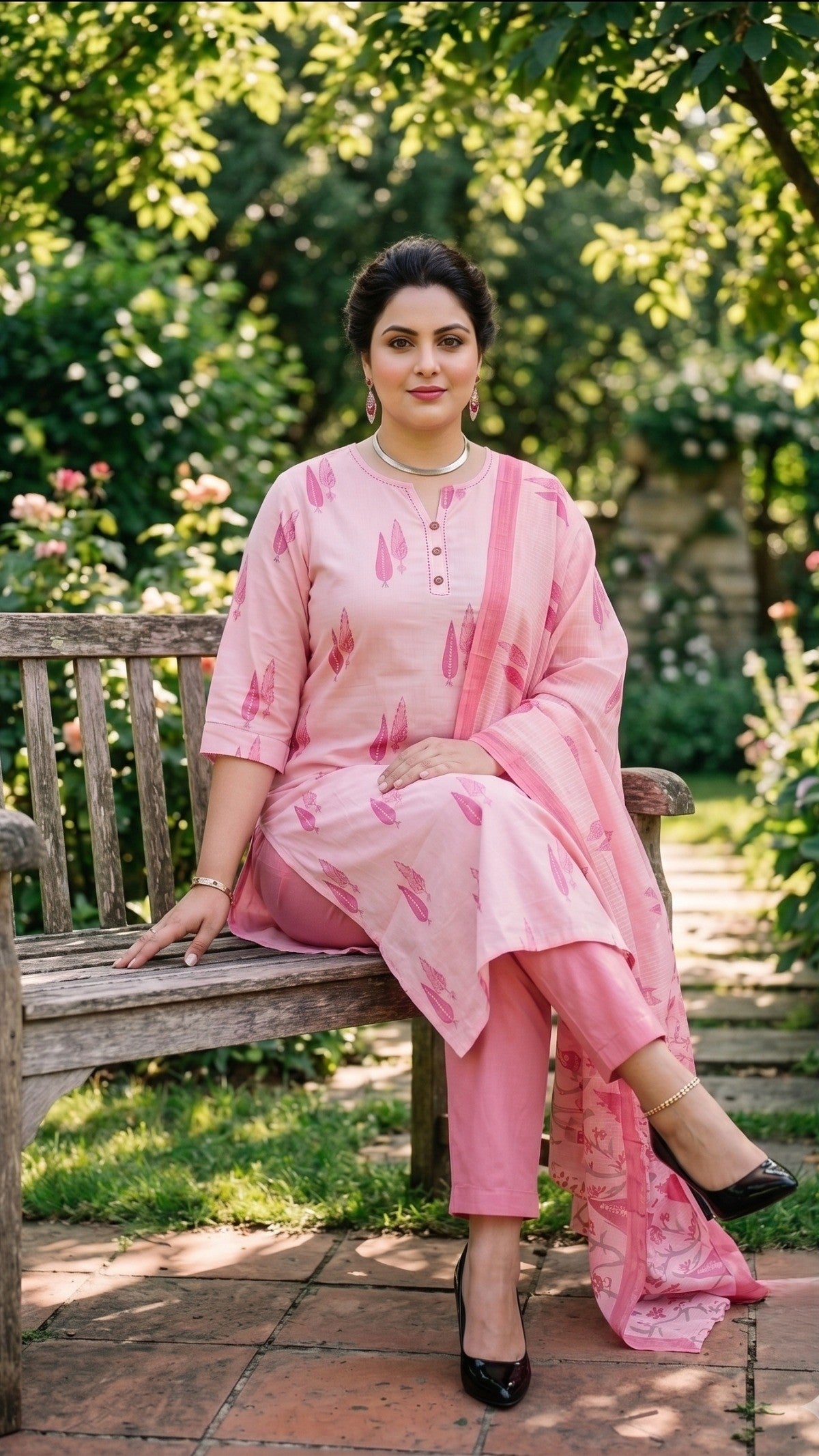 Plus Size Pink Cotton Printed Kurta Set with Dupatta