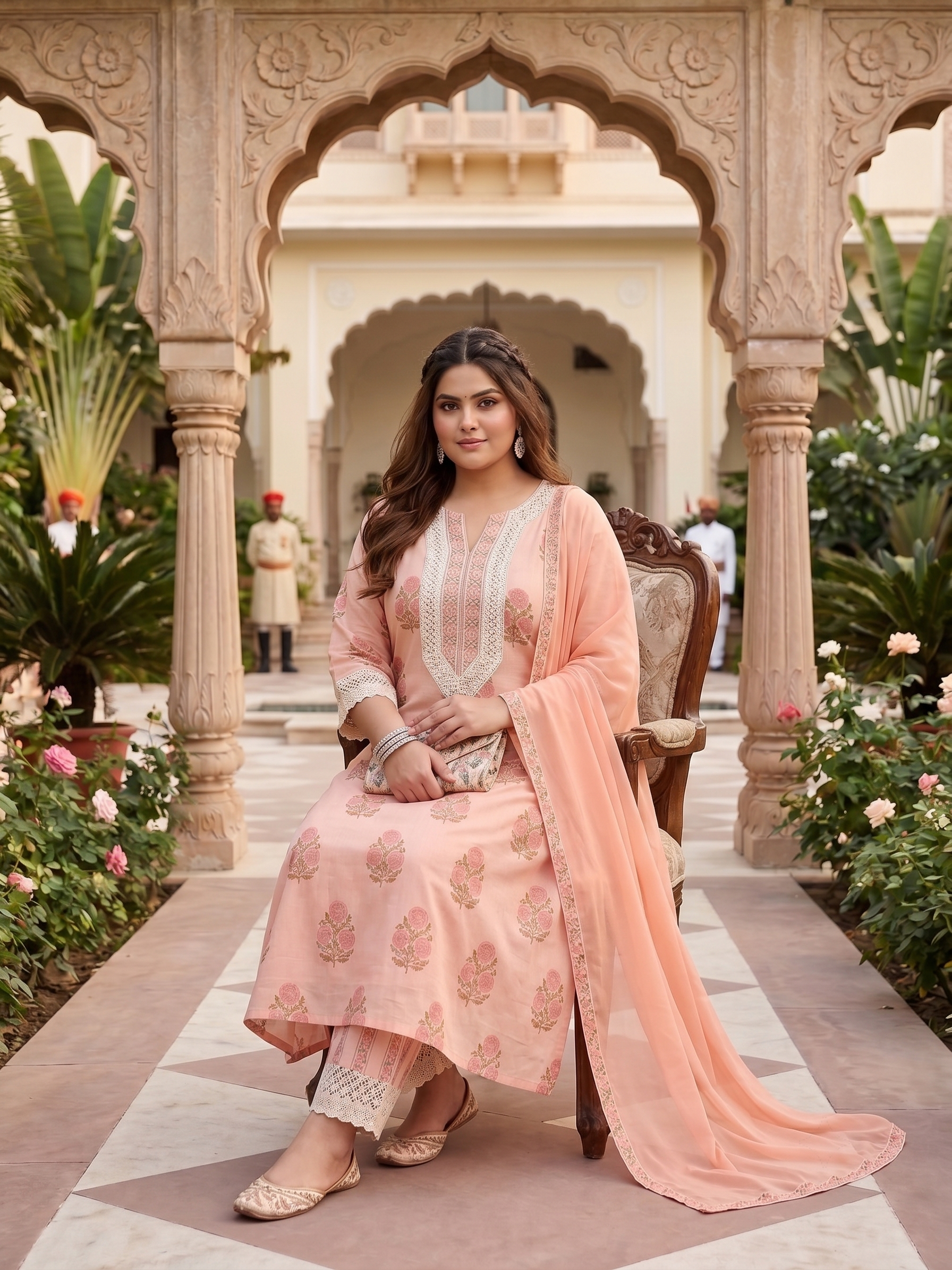 Plus Size Peach Floral Printed Cotton Kurta Set with Chiffon Dupatta | Women's Ethnic Suit Set