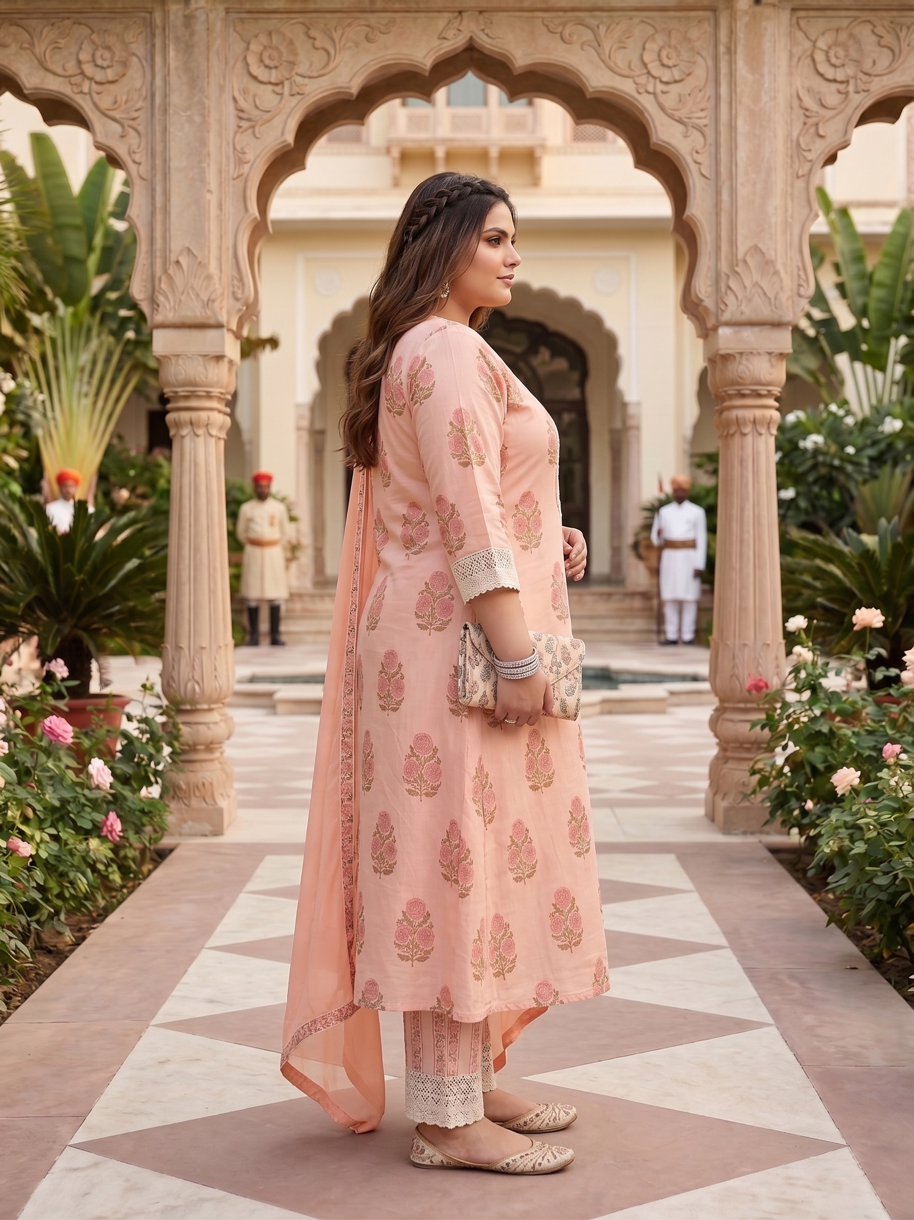 Plus Size Peach Floral Printed Cotton Kurta Set with Chiffon Dupatta | Women's Ethnic Suit Set