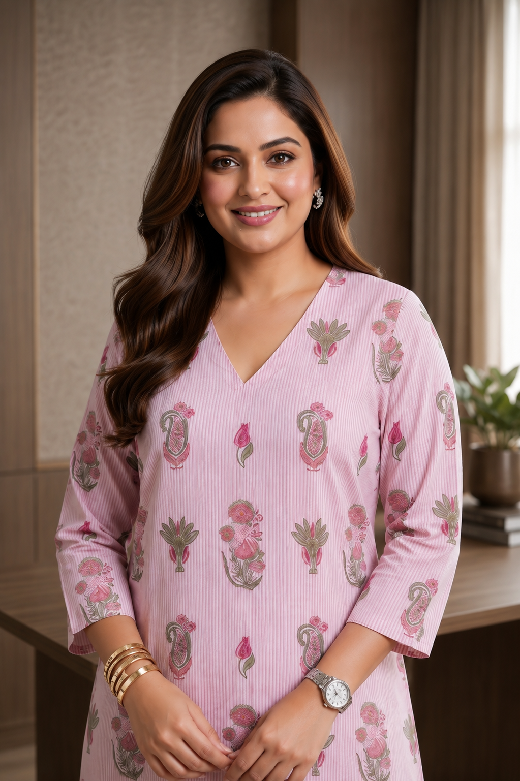 Plus Size Pink Floral Printed Cotton Kurta for Women | V-Neck Straight Fit Kurta