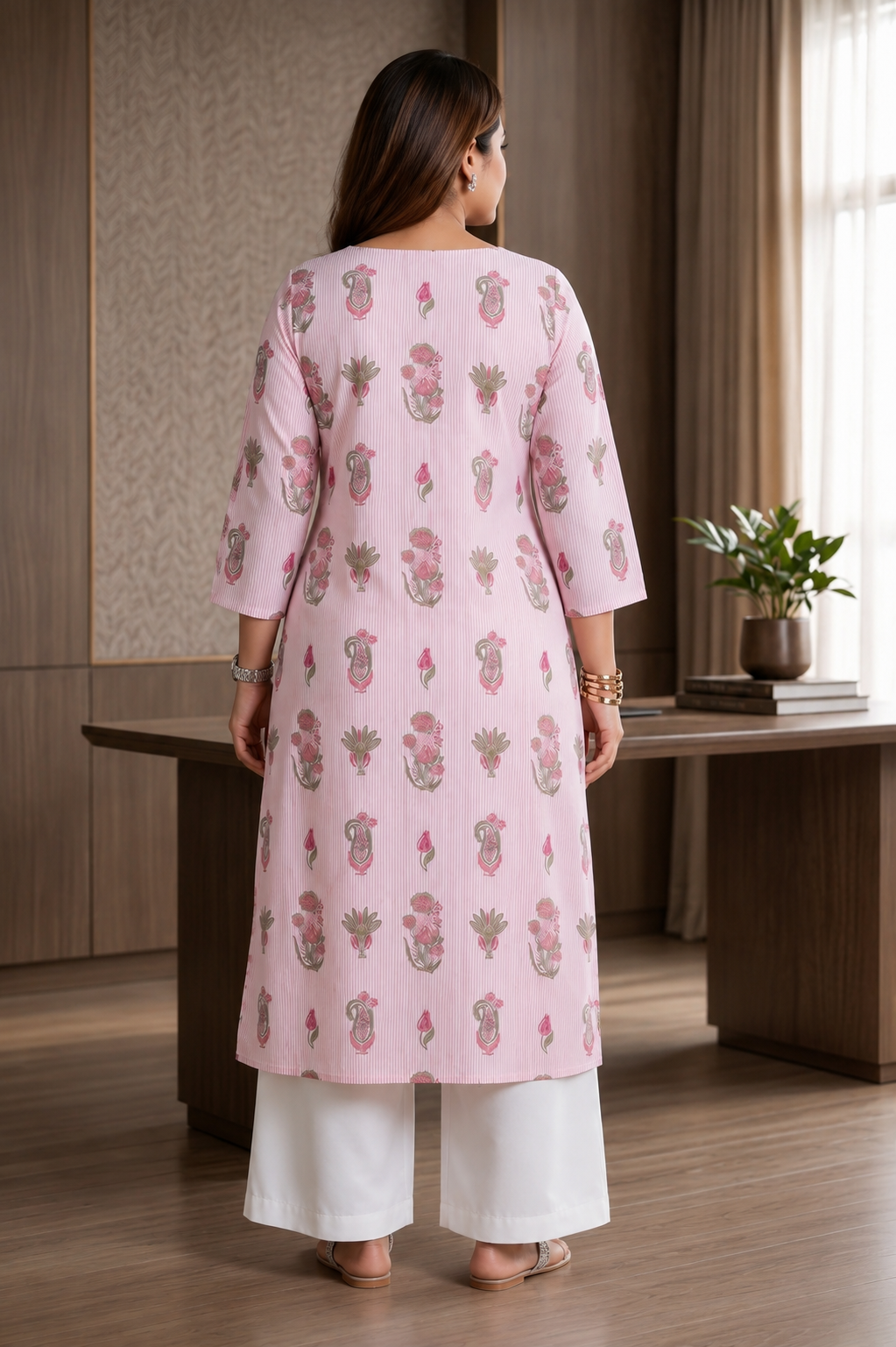Plus Size Pink Floral Printed Cotton Kurta for Women | V-Neck Straight Fit Kurta