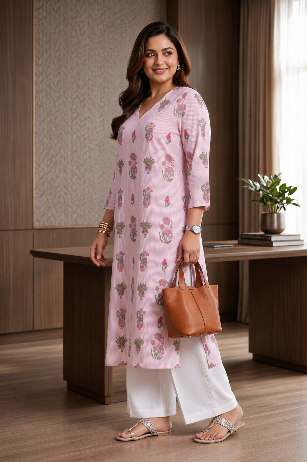 Plus Size Pink Floral Printed Cotton Kurta for Women | V-Neck Straight Fit Kurta