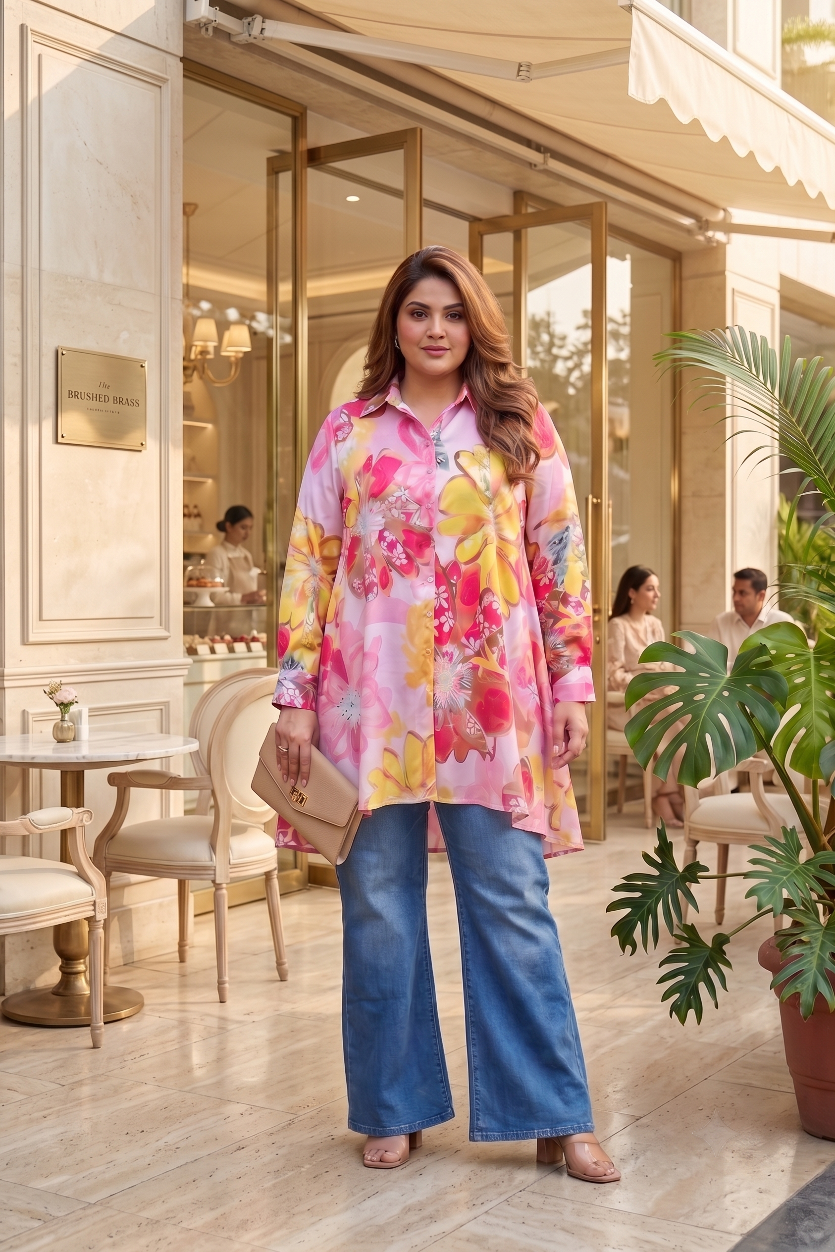 Plus Size Pink Floral Satin Shirt for Women | Premium Satin Longline Oversized Shirt