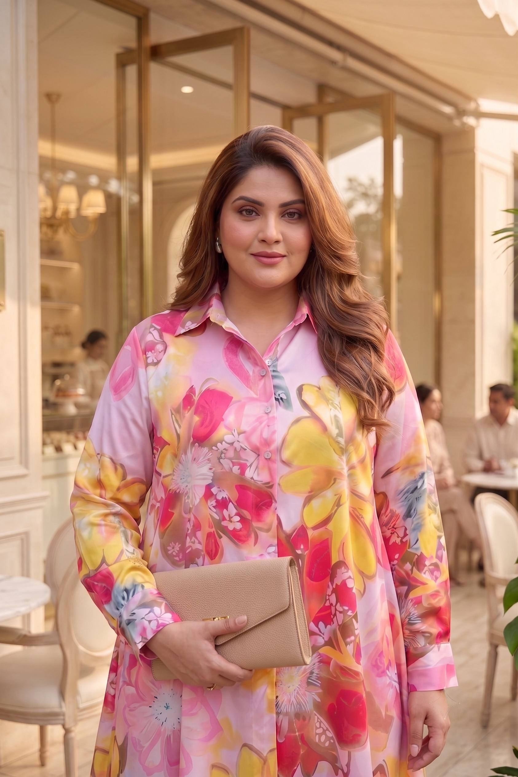 Plus Size Pink Floral Satin Shirt for Women | Premium Satin Longline Oversized Shirt