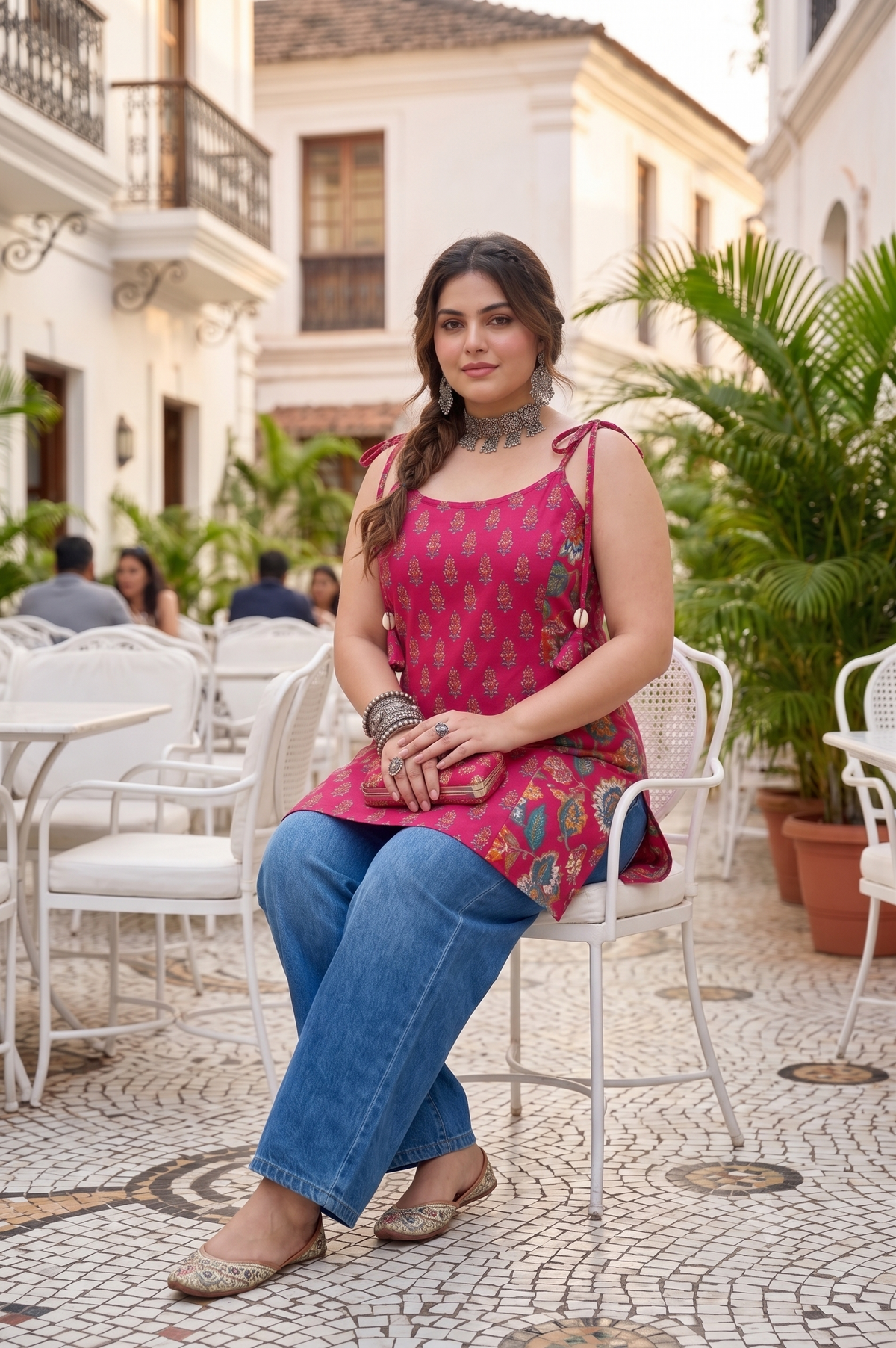 Plus Size 100% Cotton Printed Tunic Top – Pink Tie-Strap Tunic