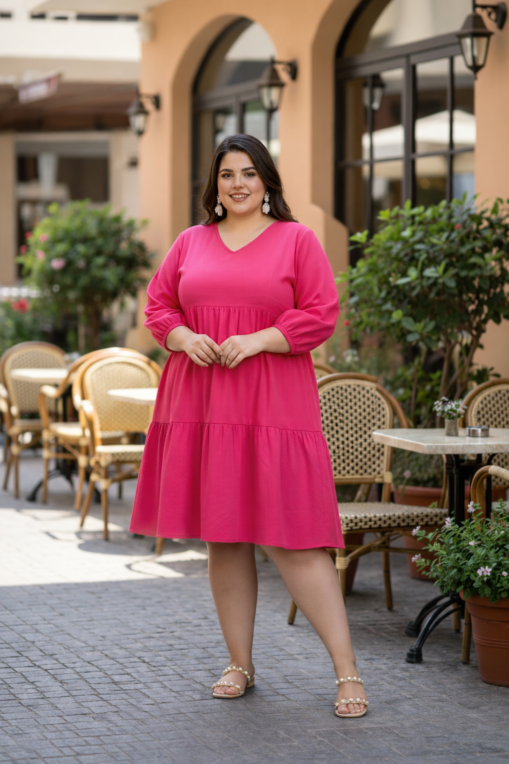 Plus Size Pink A-Line Casual Cotton Tiered Dress for Women