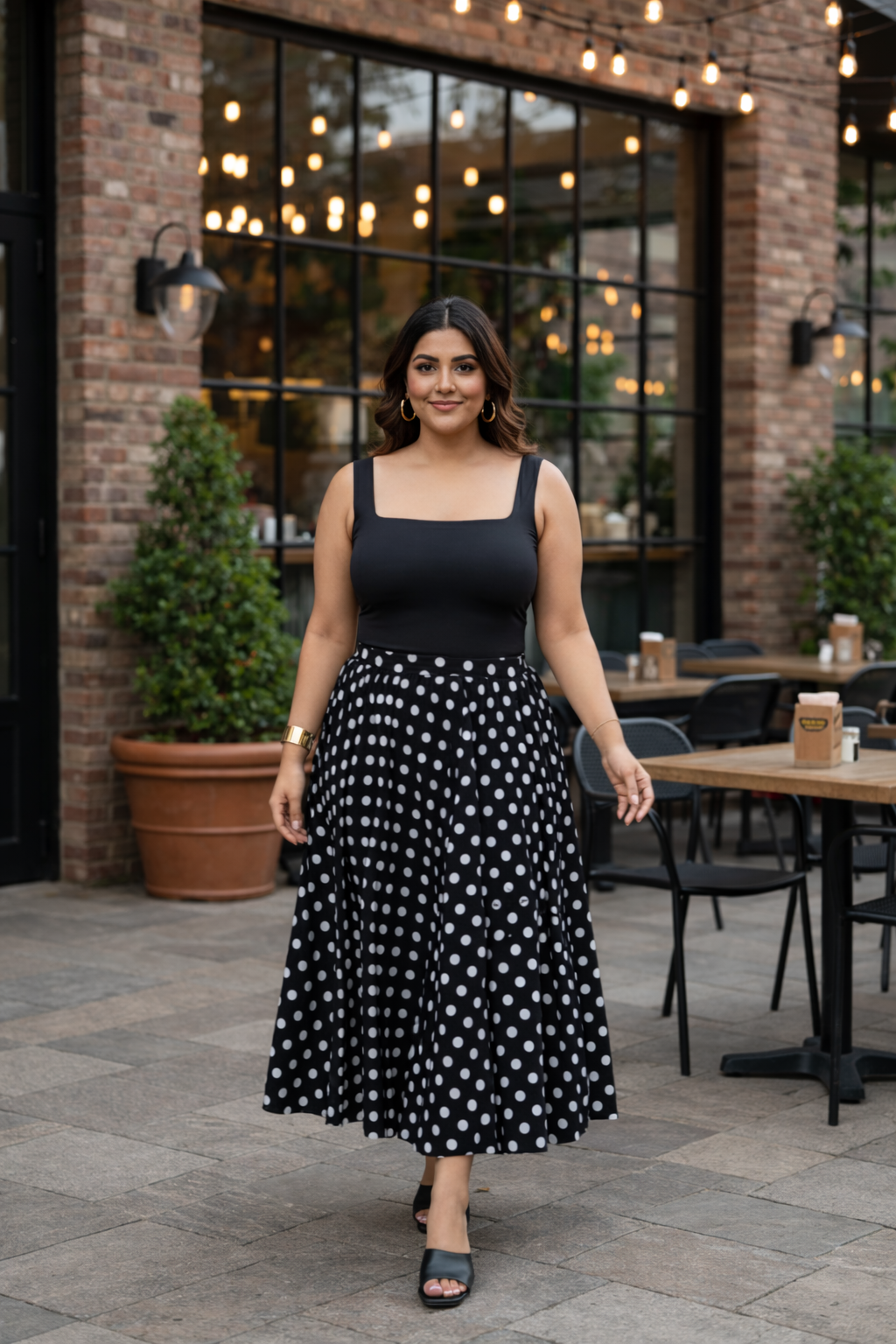 Plus size Classic Black & White Polka Dot Midi Skirt
