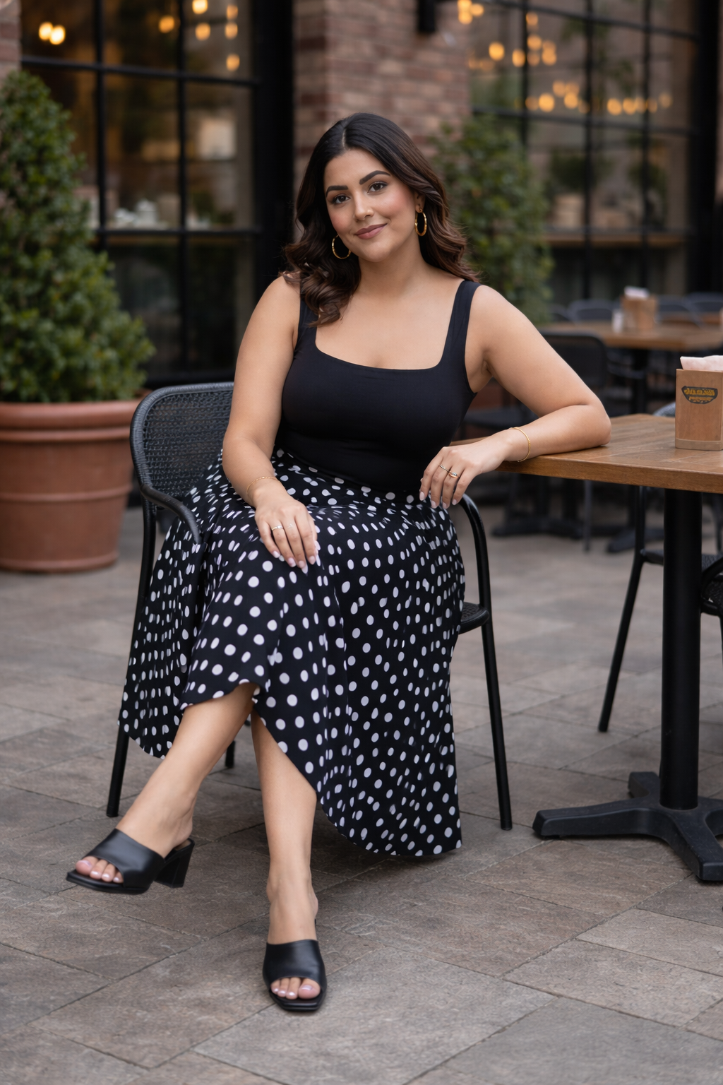 Plus size Classic Black & White Polka Dot Midi Skirt