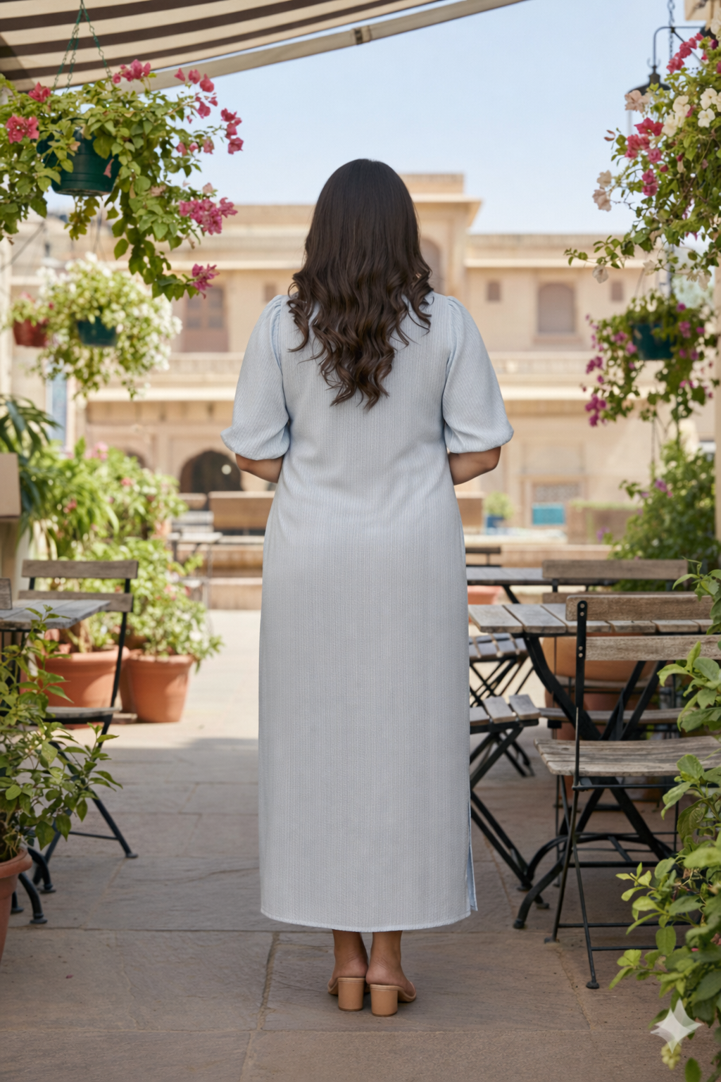 Powder Blue Kantha Cotton Side Slit Maxi Dress