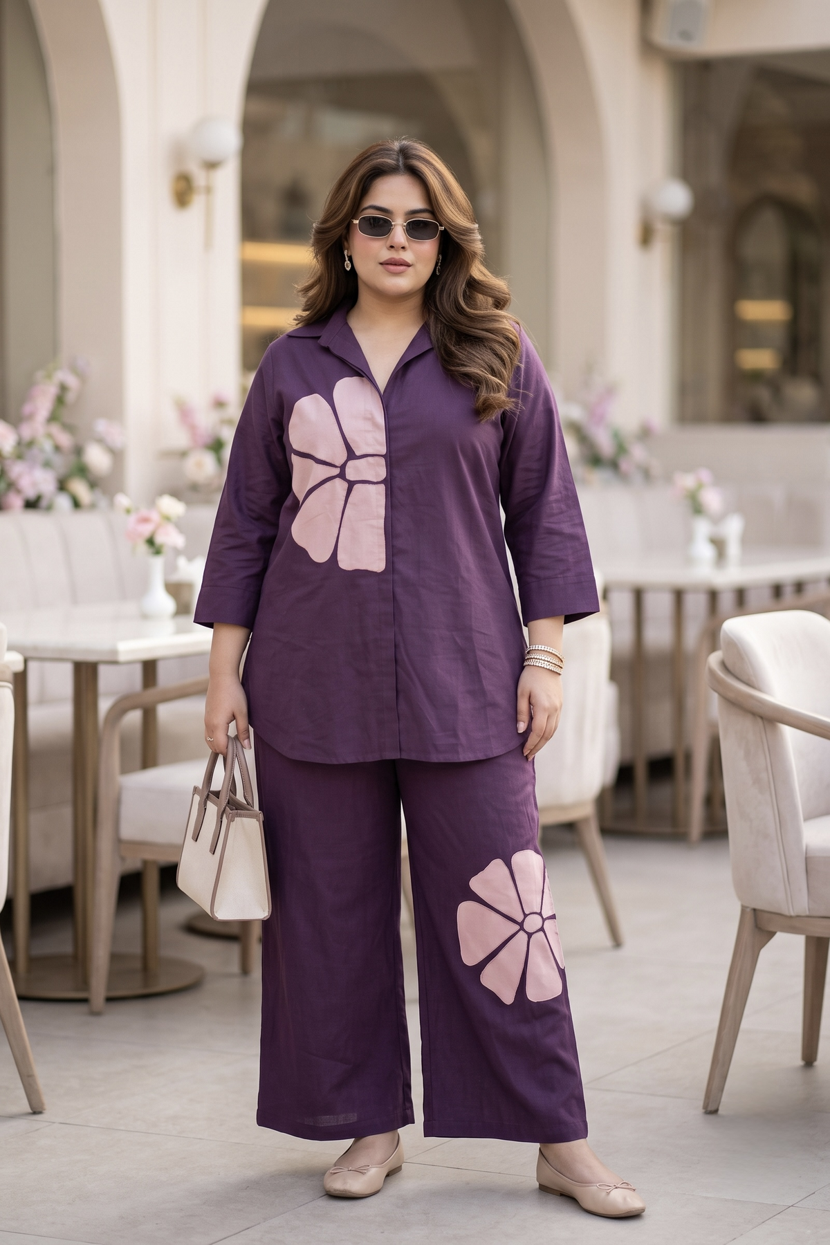 Plus Size Purple Cotton Co-Ord Set with Floral Appliqué