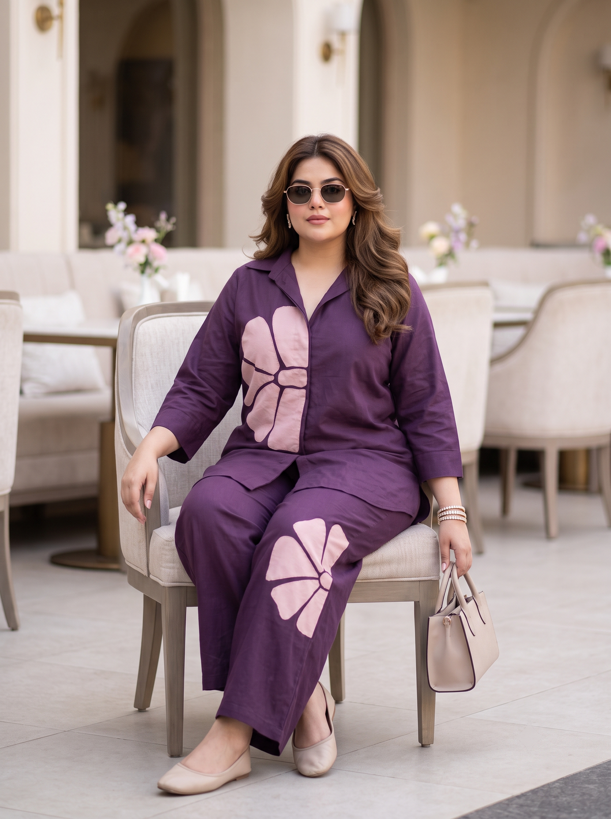 Plus Size Purple Cotton Co-Ord Set with Floral Appliqué