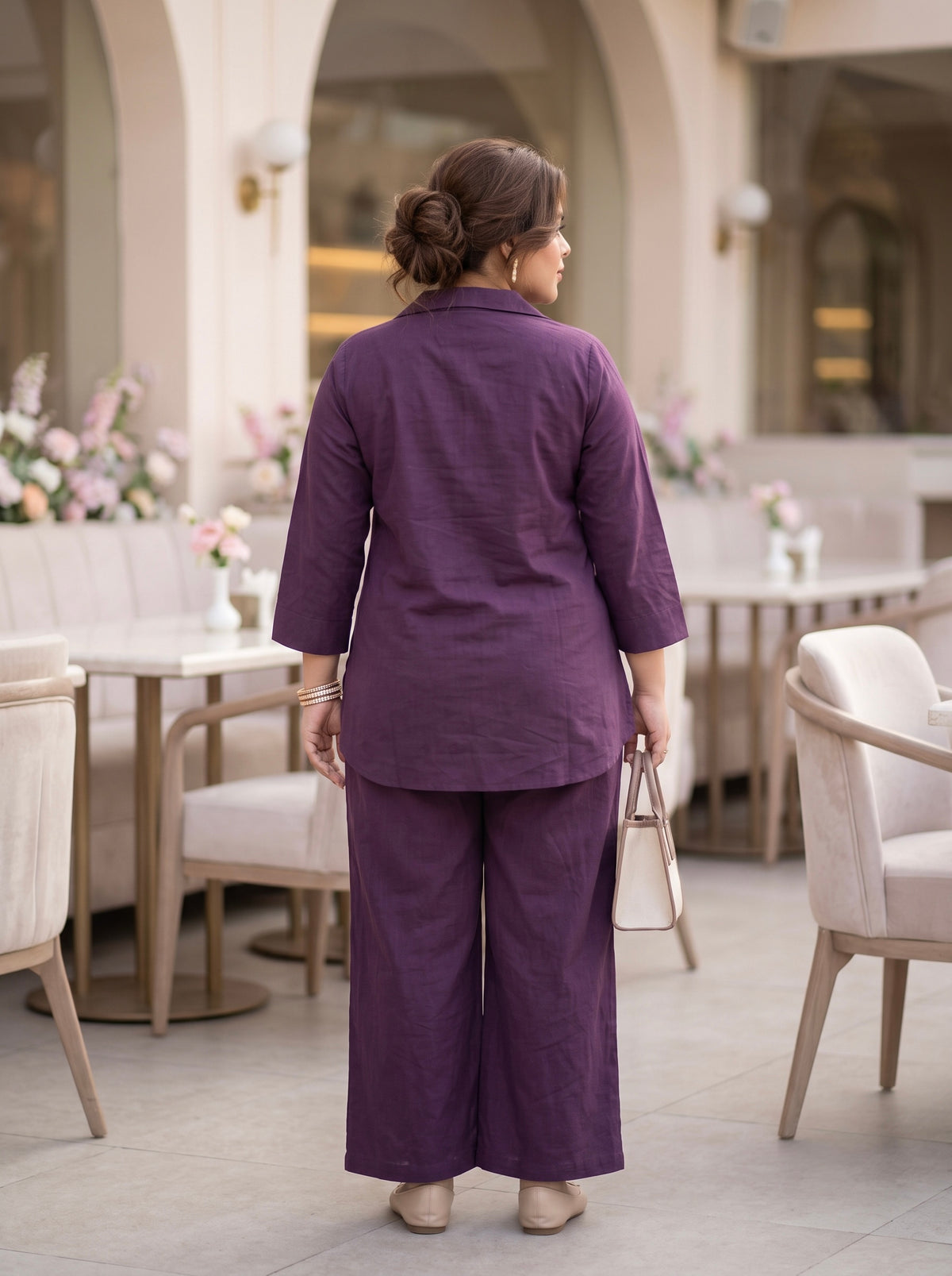 Plus Size Purple Cotton Co-Ord Set with Floral Appliqué