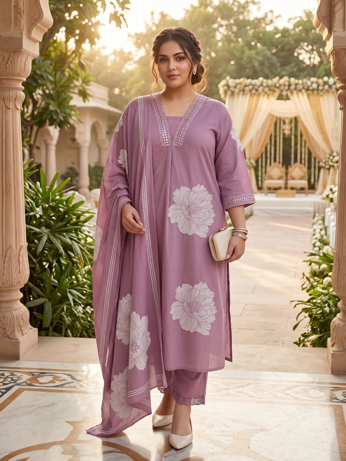 Plus Size Mauve Cotton 3-Piece Set – Printed Kurta, Pant & Dupatta