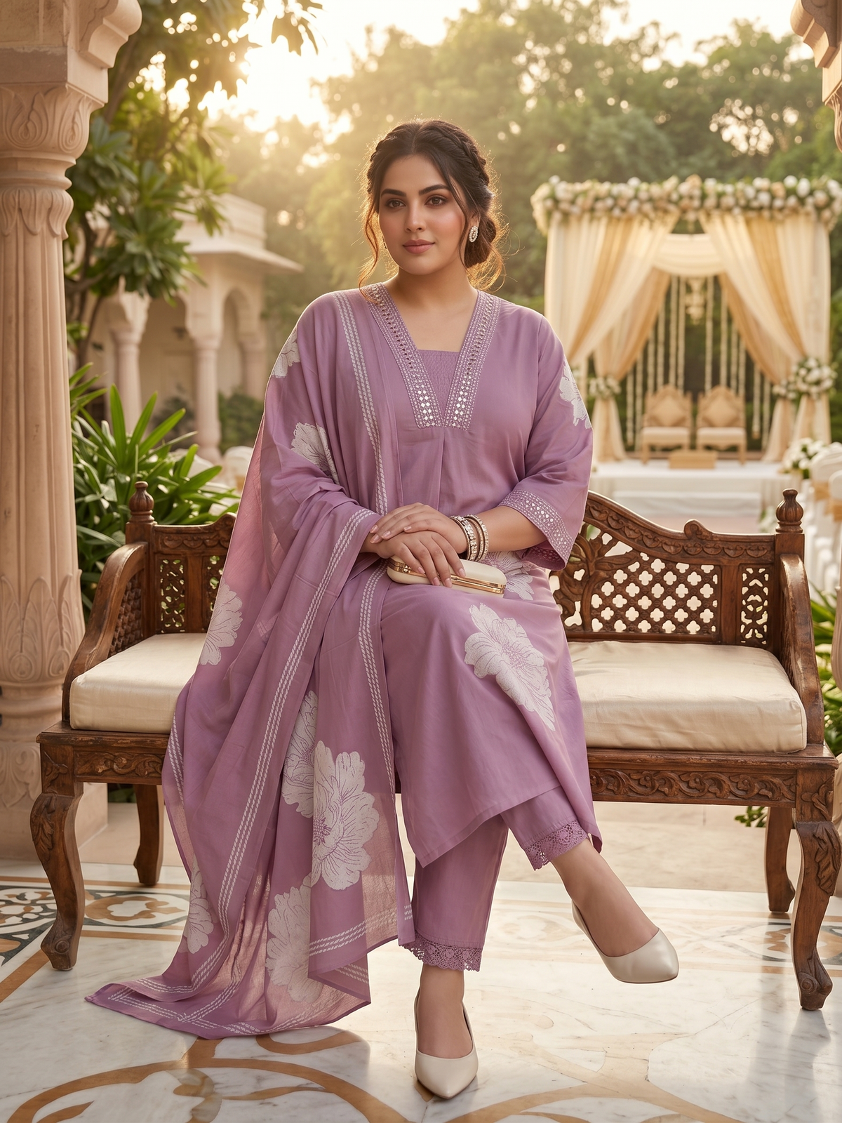 Plus Size Mauve Cotton 3-Piece Set – Printed Kurta, Pant & Dupatta