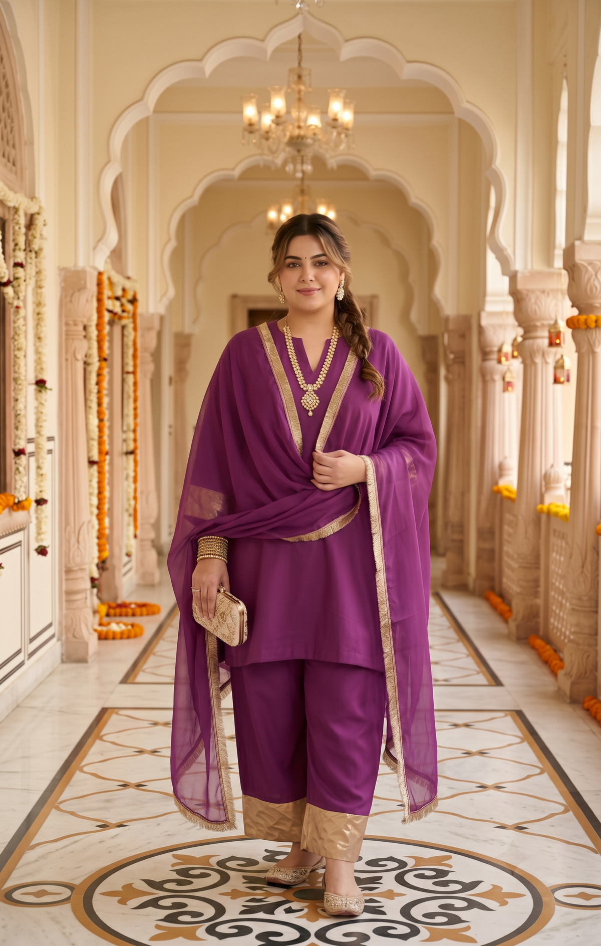 Plus Size Purple Cotton Kurta Suit Set with Gotta Patti Laces(set of 3)