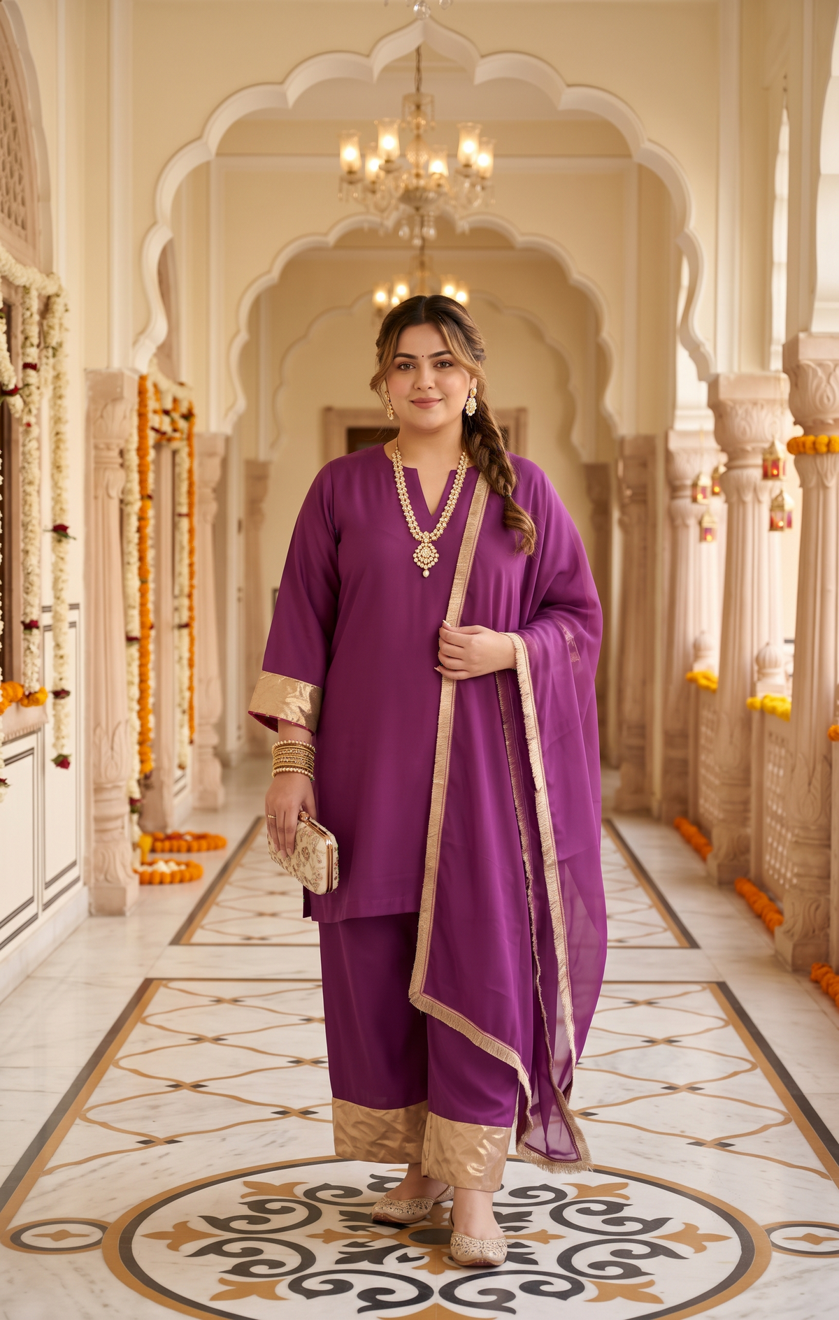 Plus Size Purple Cotton Kurta Suit Set with Gotta Patti Laces(set of 3)