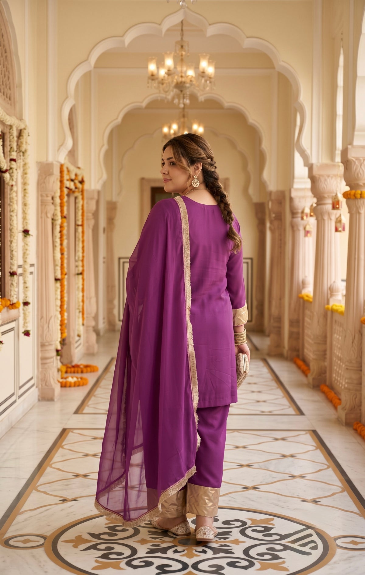 Plus Size Purple Cotton Kurta Suit Set with Gotta Patti Laces(set of 3)