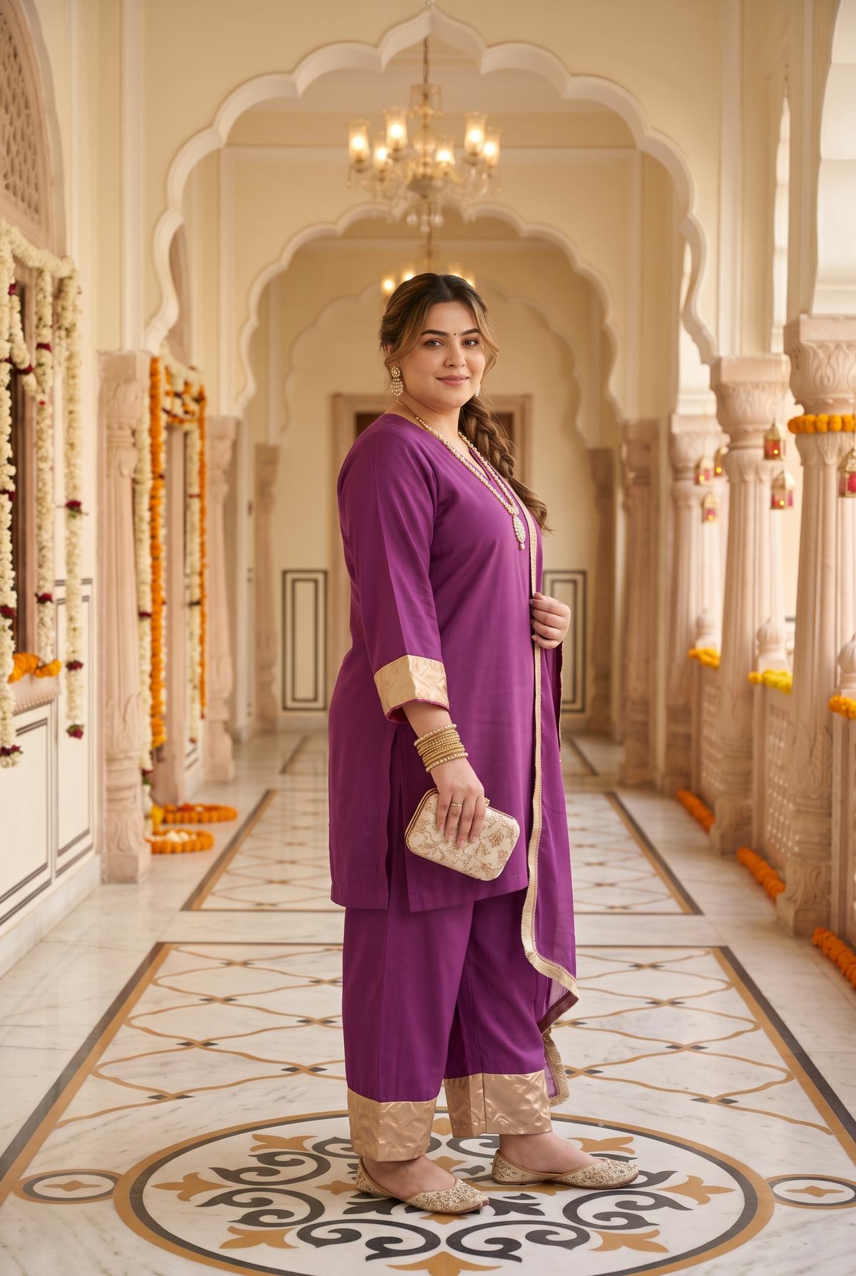 Plus Size Purple Cotton Kurta Suit Set with Gotta Patti Laces(set of 3)
