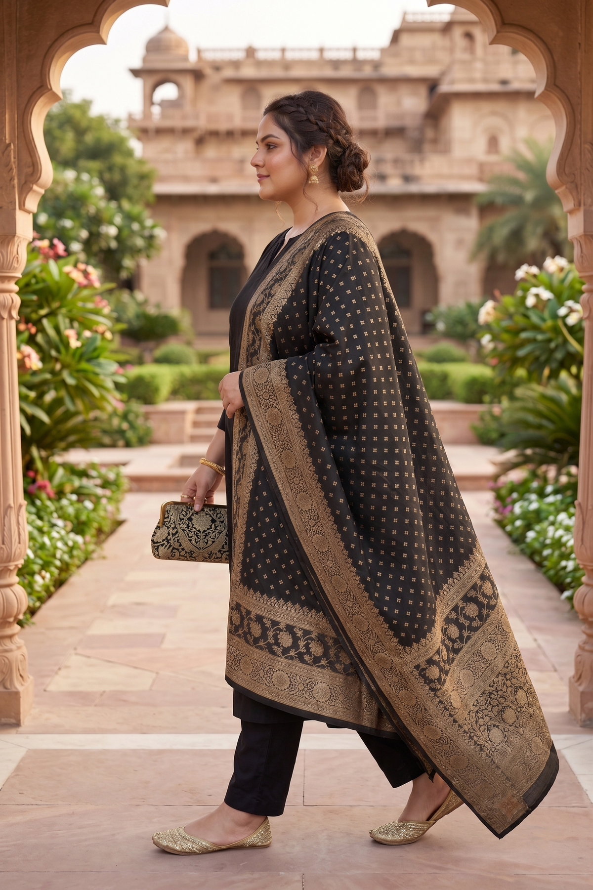 Black Paithani Kurta Suit Set with benarasi dupatta - (Set of 3)