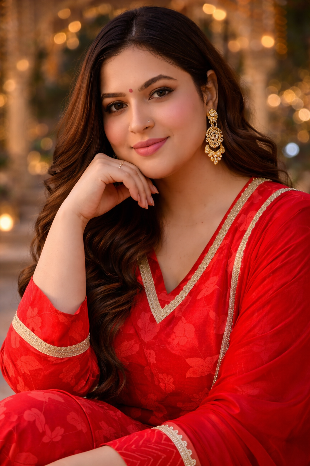 Radiant Red Festive Kurta Suit Set (3 Pc)