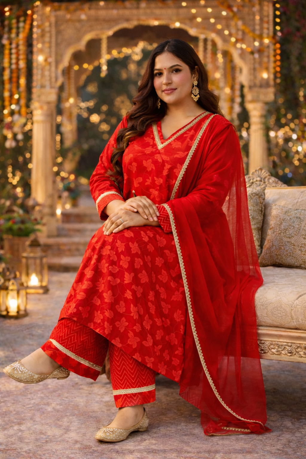 Radiant Red Festive Kurta Suit Set (3 Pc)