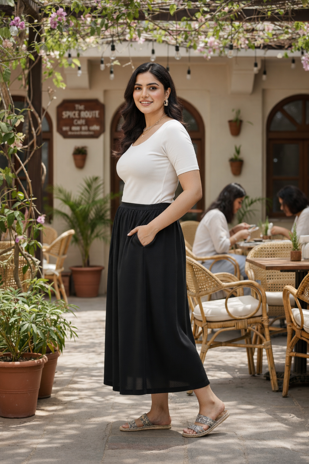 Solid Black Flowy Midi Skirt with Pockets