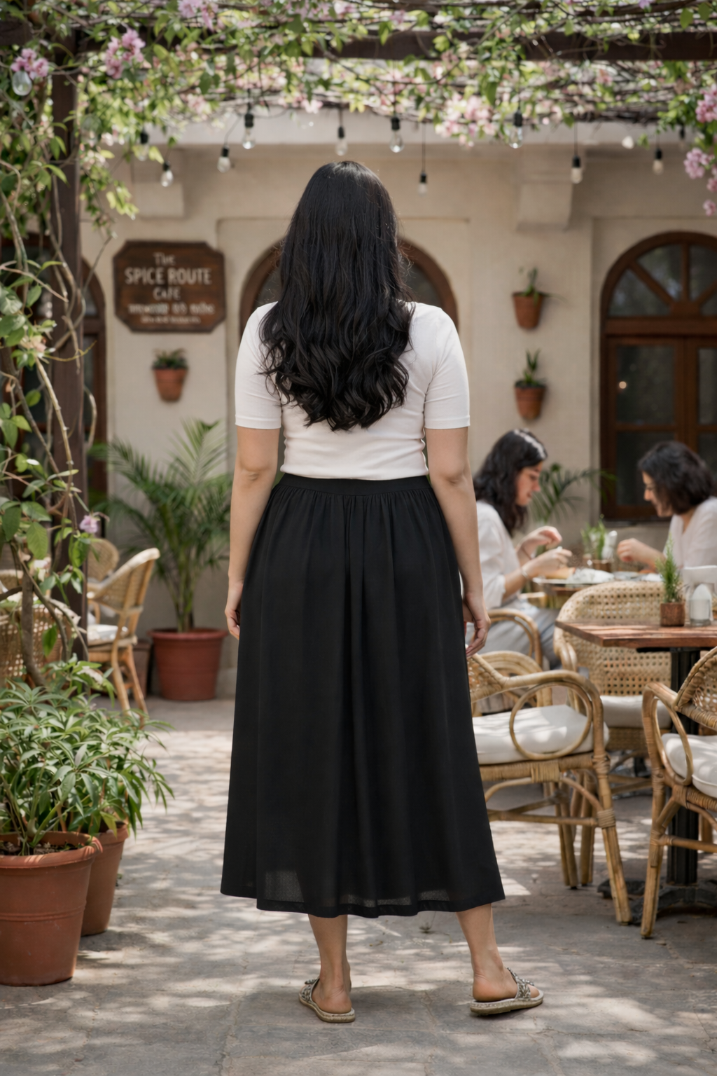 Solid Black Flowy Midi Skirt with Pockets